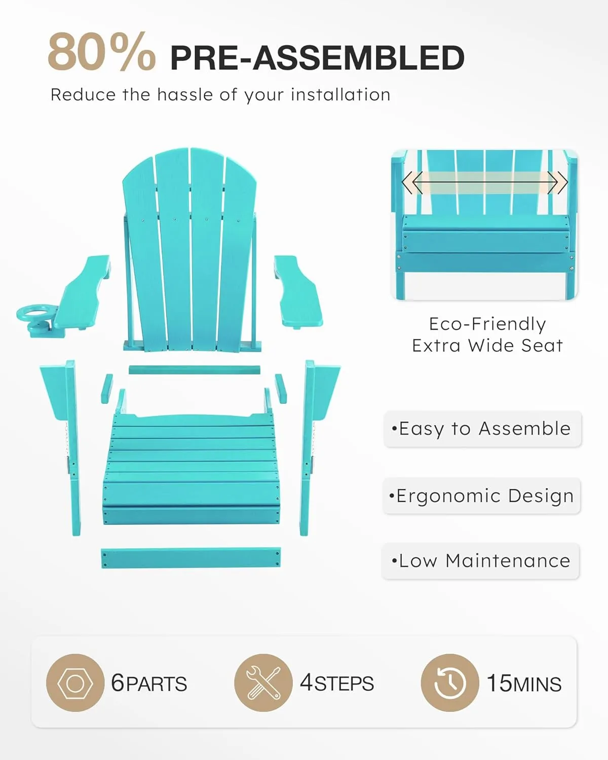 Folding Adirondack Chair, Patio Chairs Weather Resistant, Outdoor Chair Wood Texture, Lawn Chair with Cup Holder, Fire Pit Chair for Deck, Outdoor, Porch, Backyard, Garden (Lake Blue)