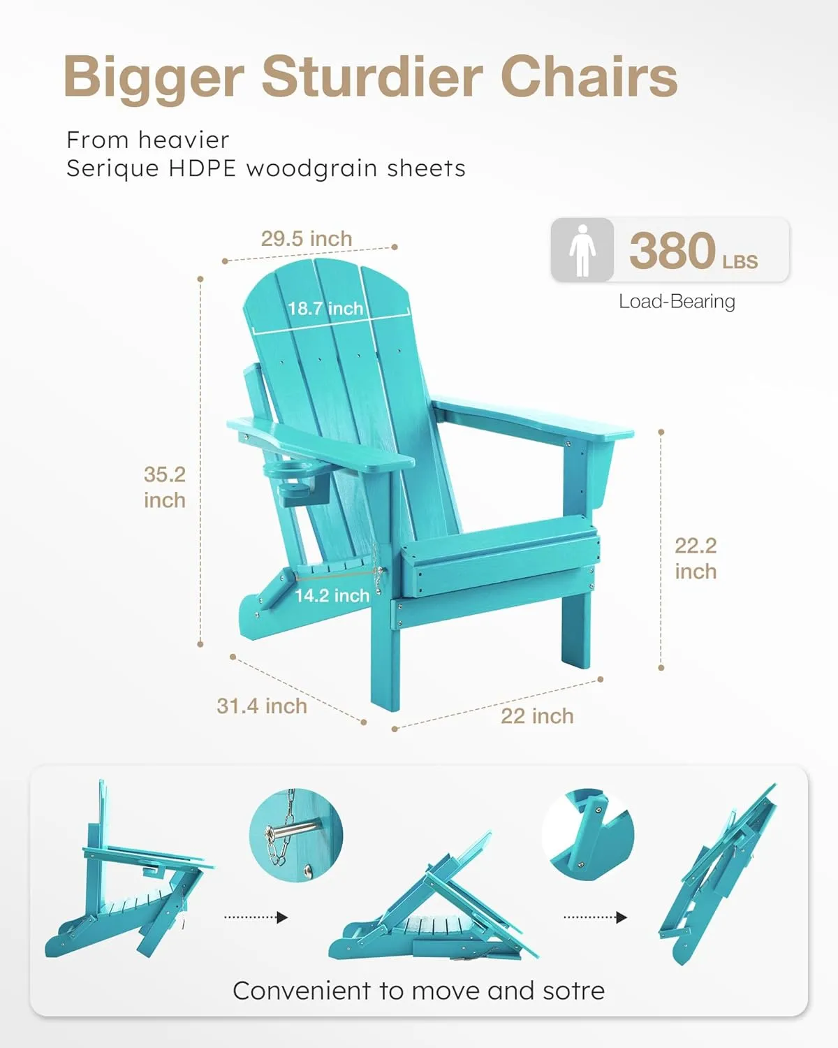 Folding Adirondack Chair, Patio Chairs Weather Resistant, Outdoor Chair Wood Texture, Lawn Chair with Cup Holder, Fire Pit Chair for Deck, Outdoor, Porch, Backyard, Garden (Lake Blue)