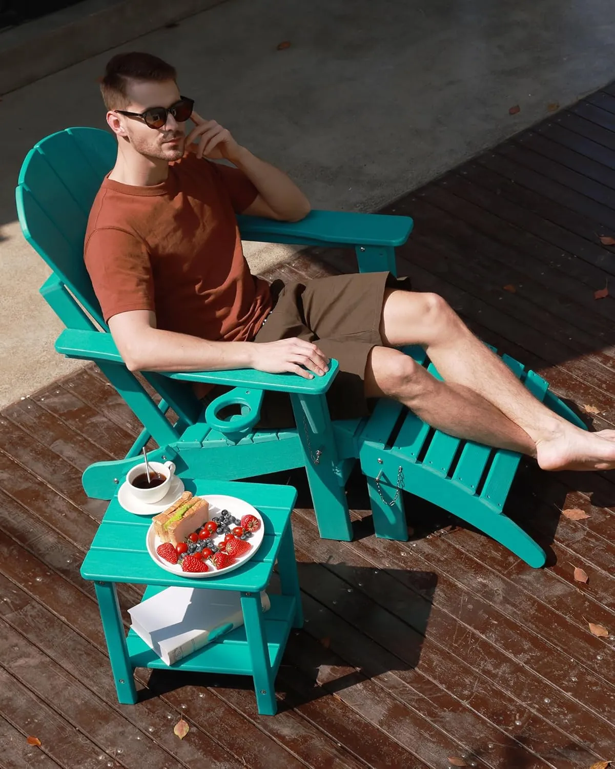 Folding Adirondack Chair, Patio Chairs Weather Resistant, Outdoor Chair Wood Texture, Lawn Chair with Cup Holder, Fire Pit Chair for Deck, Outdoor, Porch, Backyard, Garden (Lake Blue)