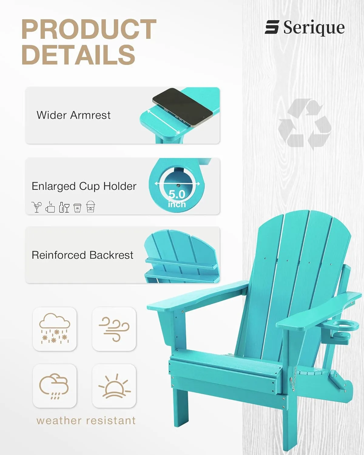 Folding Adirondack Chair, Patio Chairs Weather Resistant, Outdoor Chair Wood Texture, Lawn Chair with Cup Holder, Fire Pit Chair for Deck, Outdoor, Porch, Backyard, Garden (Lake Blue)