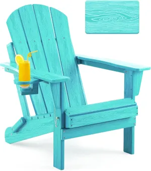 Folding Adirondack Chair, Patio Chairs Weather Resistant, Outdoor Chair Wood Texture, Lawn Chair with Cup Holder, Fire Pit Chair for Deck, Outdoor, Porch, Backyard, Garden (Lake Blue)