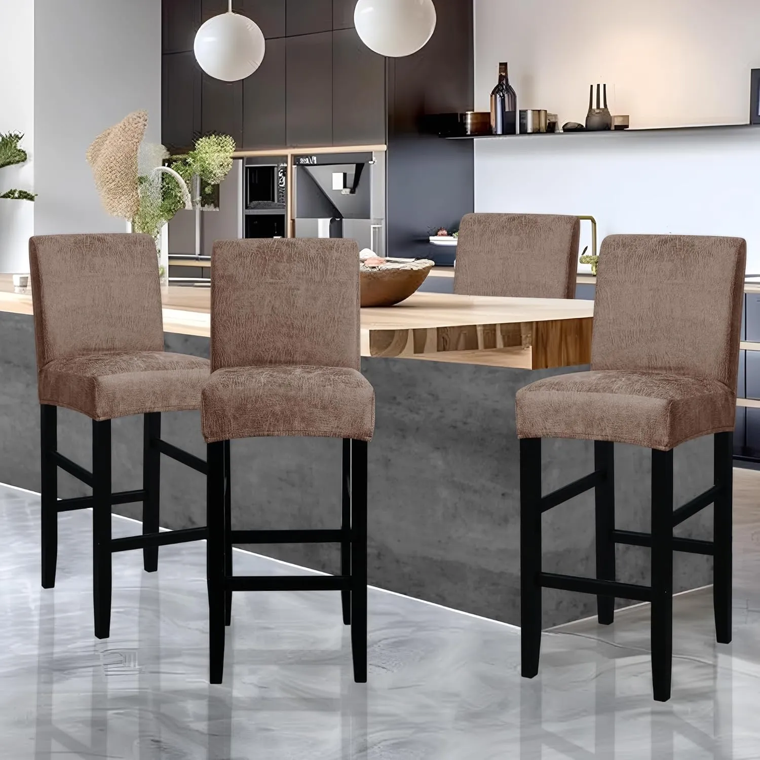 FORCHEER Bar Stool Chair Cover with Backs Set of 4 Hot Stamping Process Dining Chair Slipcovers Cafe Barstool Slipcover Square Removable Furniture Chair Seat Cover Elastic Bottom (4PC,Camel)