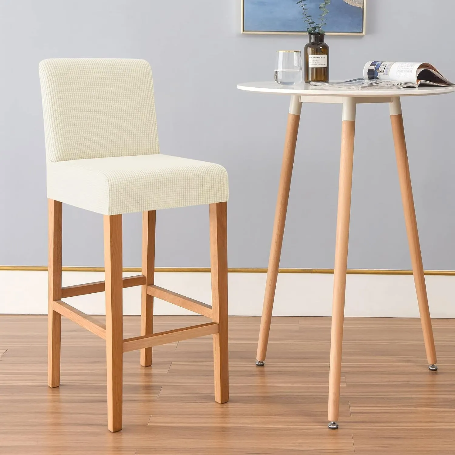 FORCHEER Bar Stool Chair Cover with Backs Set of 4 Jacquard Dining Chair Slipcovers Cafe Barstool Slipcover Square Removable Furniture Chair Seat Cover Elastic Bottom (4PC,Beige)