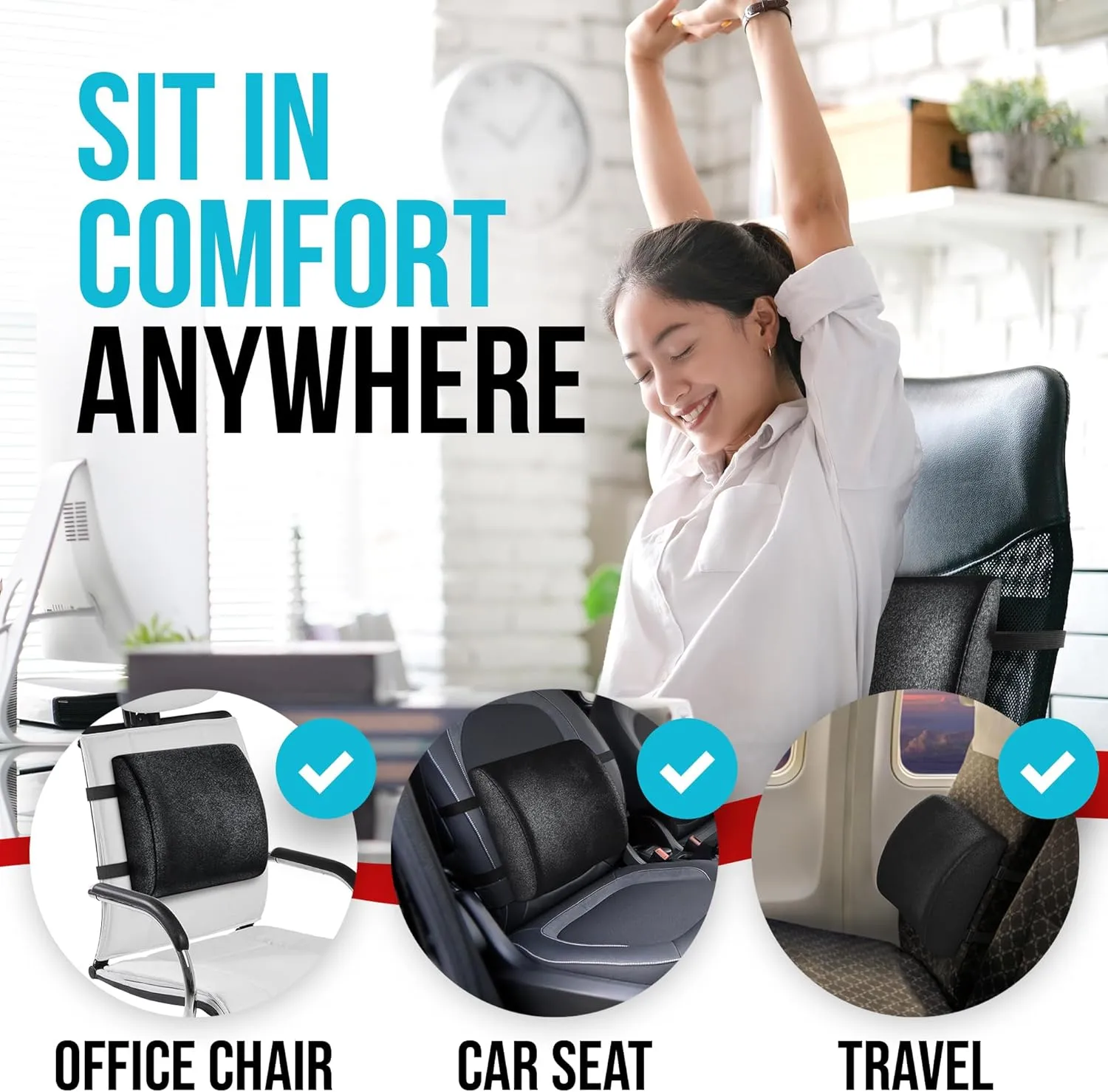 FORTEM Lumbar Support Cushion, Back Support for Office Chair and Car Seat, Back Rest for Gaming Chair, Memory Foam Pillow, Desk Chair Cushion, Breathable & Washable Cover, Adjustable Straps