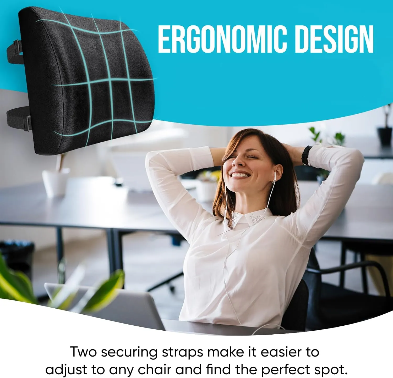 FORTEM Lumbar Support Cushion, Back Support for Office Chair and Car Seat, Back Rest for Gaming Chair, Memory Foam Pillow, Desk Chair Cushion, Breathable & Washable Cover, Adjustable Straps