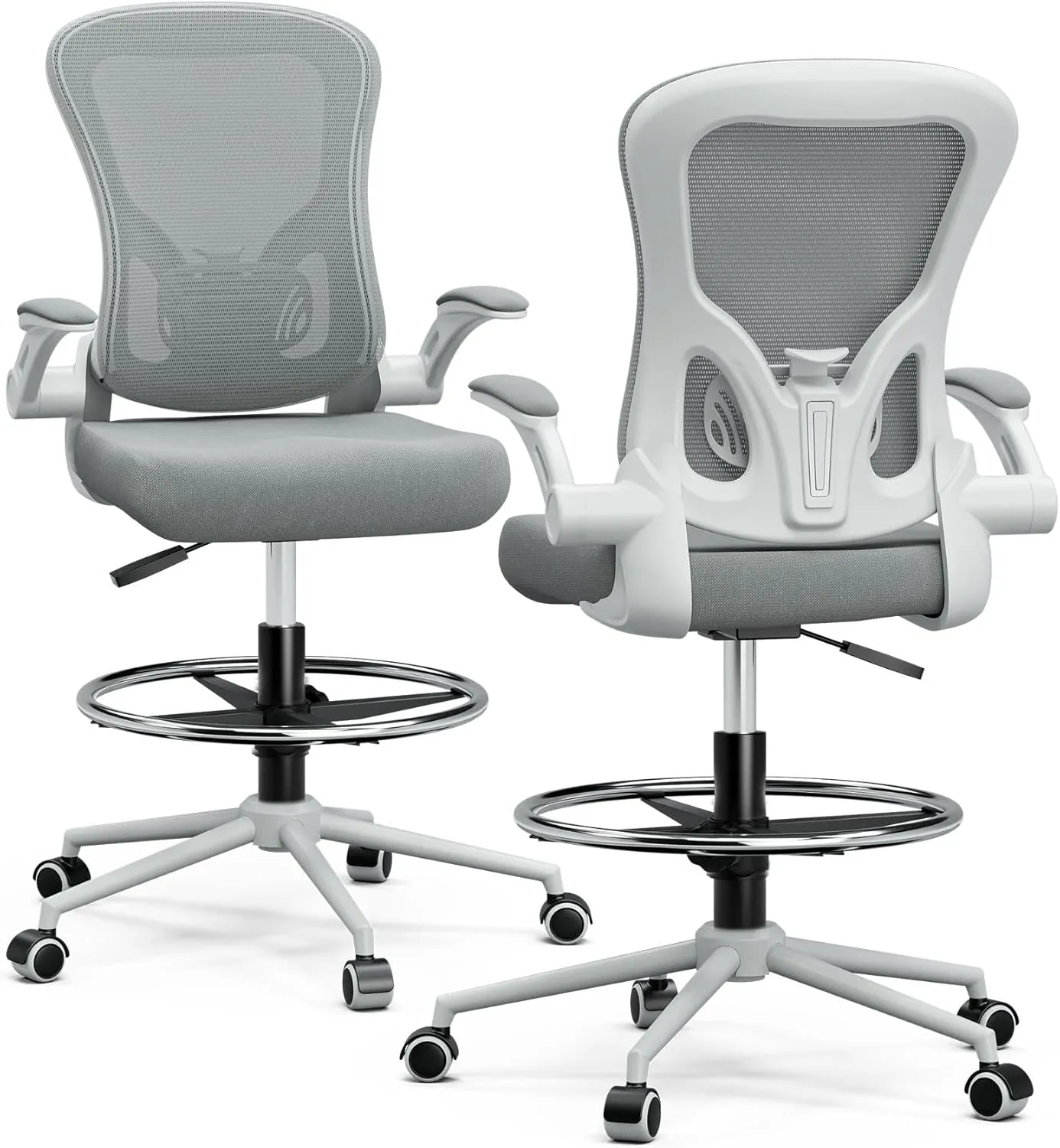 Frylr Office Drafting-Chairs Adjustable Height - Extended Height Office Chairs with Ergonomic Lumbar Support, Tall Desk Chair for Standing Desk, Counter Height Chair with 300 LB Capacity, Grey