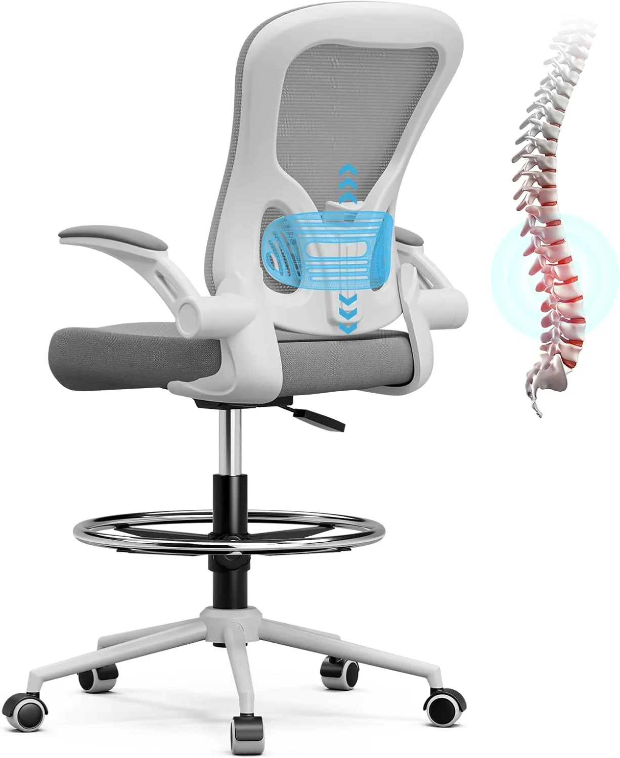 Frylr Office Drafting-Chairs Adjustable Height - Extended Height Office Chairs with Ergonomic Lumbar Support, Tall Desk Chair for Standing Desk, Counter Height Chair with 300 LB Capacity, Grey