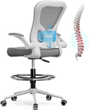 Frylr Office Drafting-Chairs Adjustable Height - Extended Height Office Chairs with Ergonomic Lumbar Support, Tall Desk Chair for Standing Desk, Counter Height Chair with 300 LB Capacity, Grey
