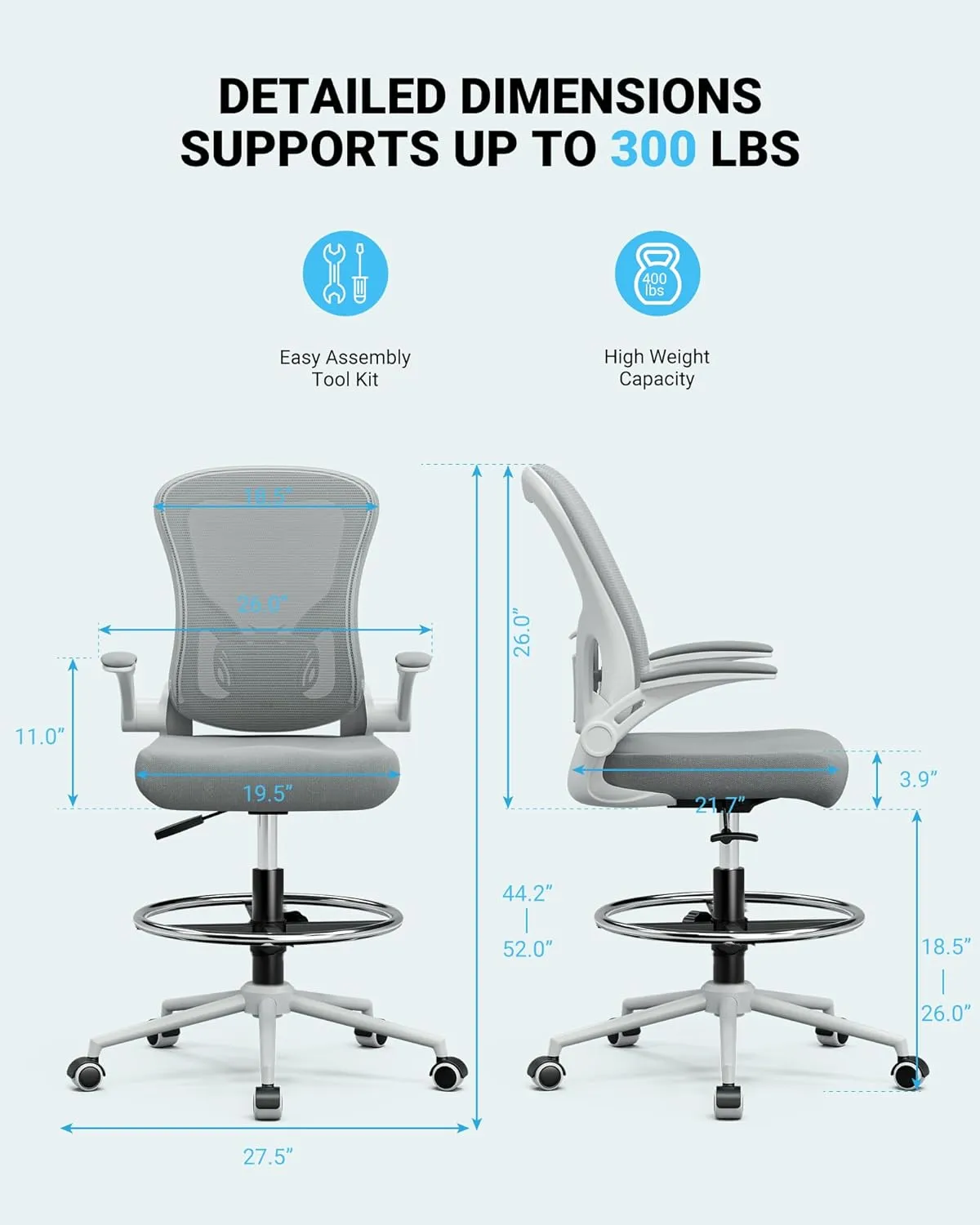Frylr Office Drafting-Chairs Adjustable Height - Extended Height Office Chairs with Ergonomic Lumbar Support, Tall Desk Chair for Standing Desk, Counter Height Chair with 300 LB Capacity, Grey