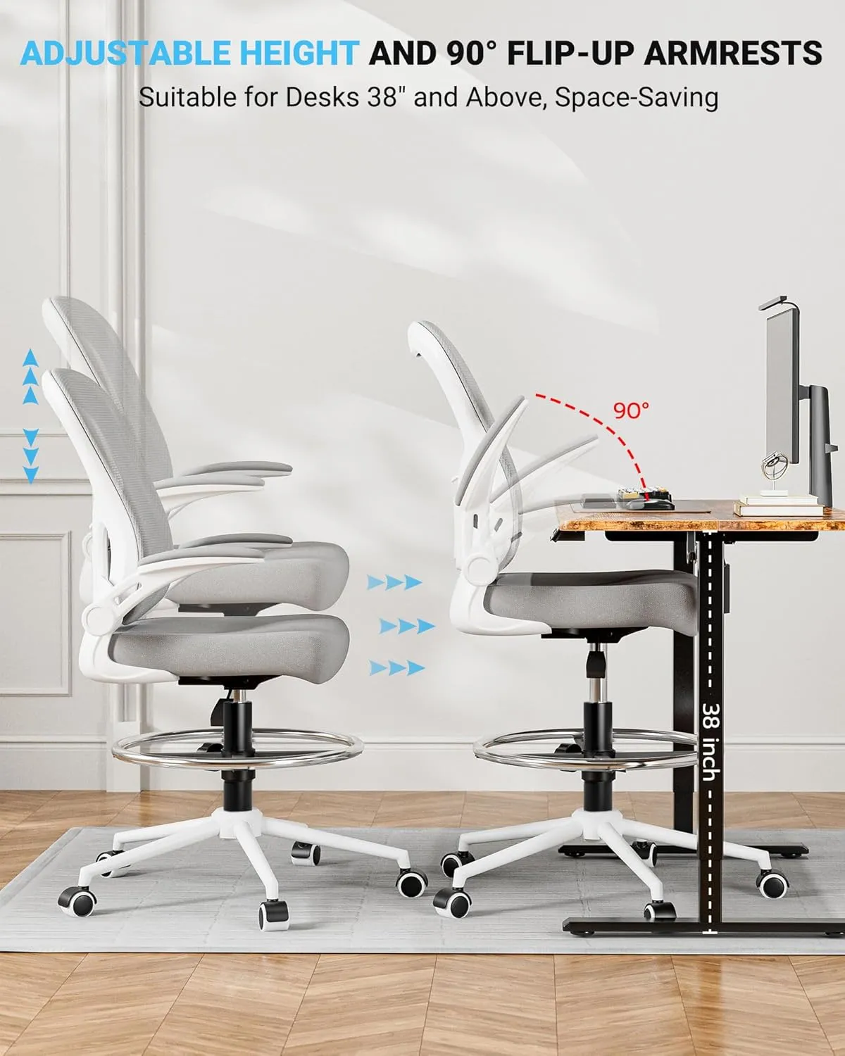 Frylr Office Drafting-Chairs Adjustable Height - Extended Height Office Chairs with Ergonomic Lumbar Support, Tall Desk Chair for Standing Desk, Counter Height Chair with 300 LB Capacity, Grey