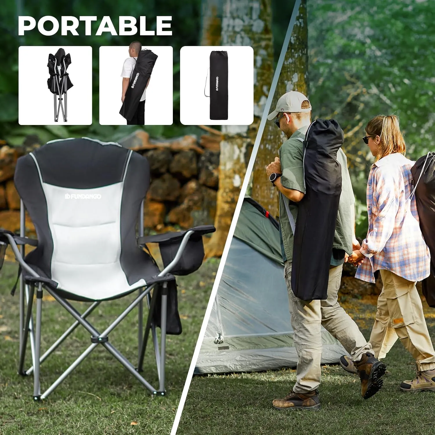 FUNDANGO Folding Camping Chair Heavy Duty, Oversized 440 Lbs Support Outdoor Camp Chairs with Lumbar Support & Cooler Pocket for Fishing Backyard Sports Beach Garden (Black/Grey)