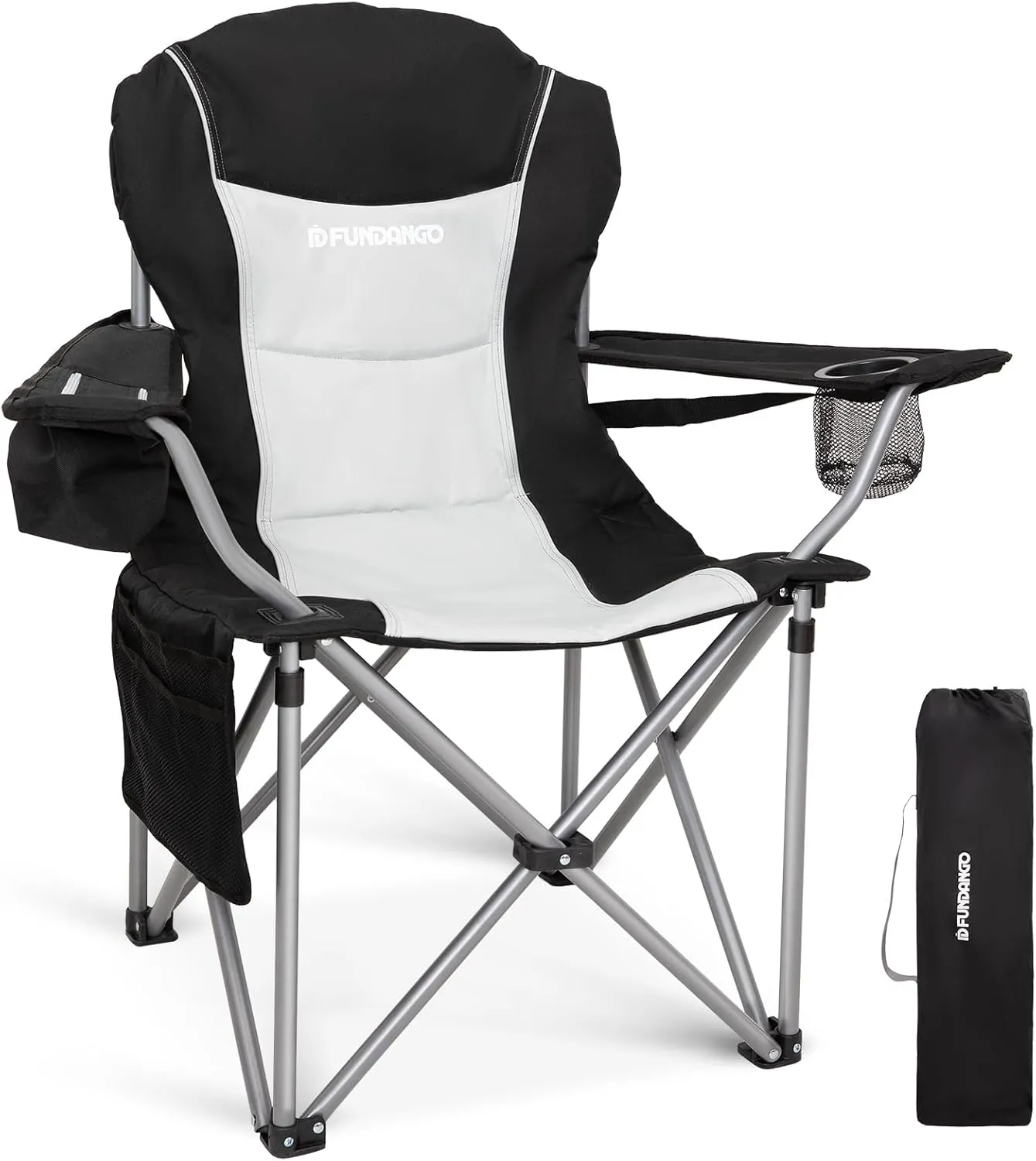 FUNDANGO Folding Camping Chair Heavy Duty, Oversized 440 Lbs Support Outdoor Camp Chairs with Lumbar Support & Cooler Pocket for Fishing Backyard Sports Beach Garden (Black/Grey)