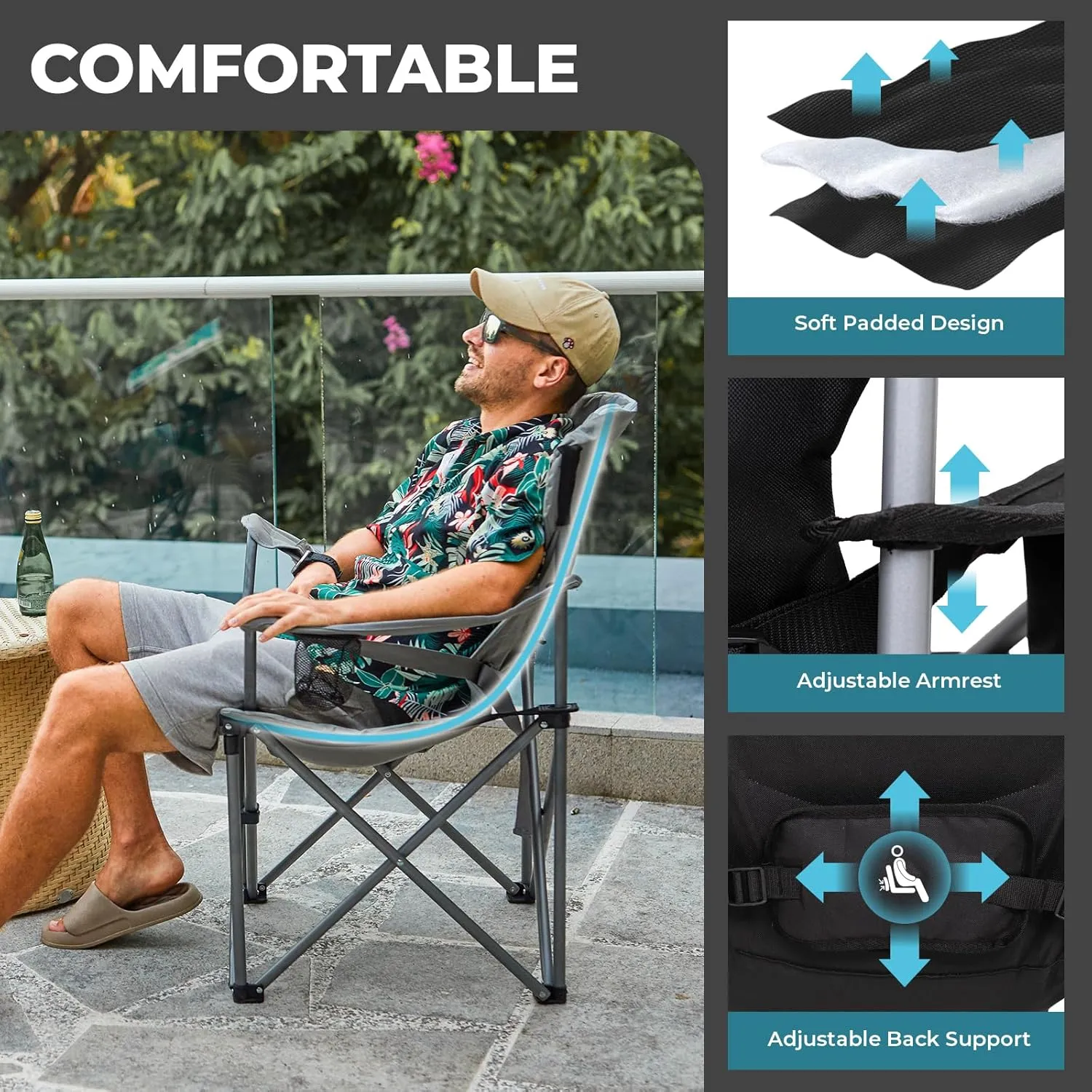 FUNDANGO Folding Camping Chair Heavy Duty, Oversized 440 Lbs Support Outdoor Camp Chairs with Lumbar Support & Cooler Pocket for Fishing Backyard Sports Beach Garden (Black/Grey)