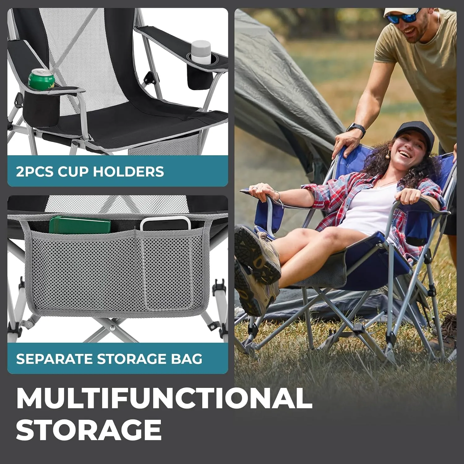 FUNDANGO Rocking Camping Chair, 2 Pack High Mesh Back Portable Folding Camp Chairs with Pillows, Cup Holder and Carry Bag for Lawn Patio Garden Outdoor Supports 300 Lbs (Green/Grey)