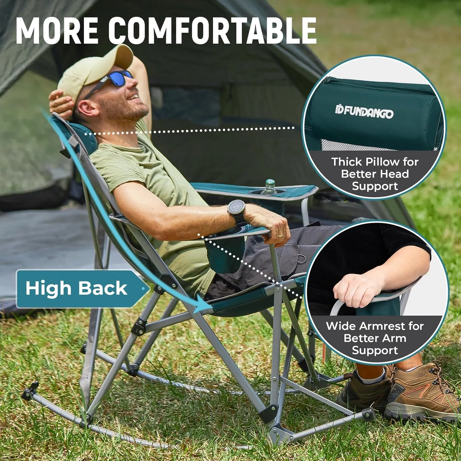 FUNDANGO Rocking Camping Chair, 2 Pack High Mesh Back Portable Folding Camp Chairs with Pillows, Cup Holder and Carry Bag for Lawn Patio Garden Outdoor Supports 300 Lbs (Green/Grey)