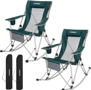 FUNDANGO Rocking Camping Chair, 2 Pack High Mesh Back Portable Folding Camp Chairs with Pillows, Cup Holder and Carry Bag for Lawn Patio Garden Outdoor Supports 300 Lbs (Green/Grey)