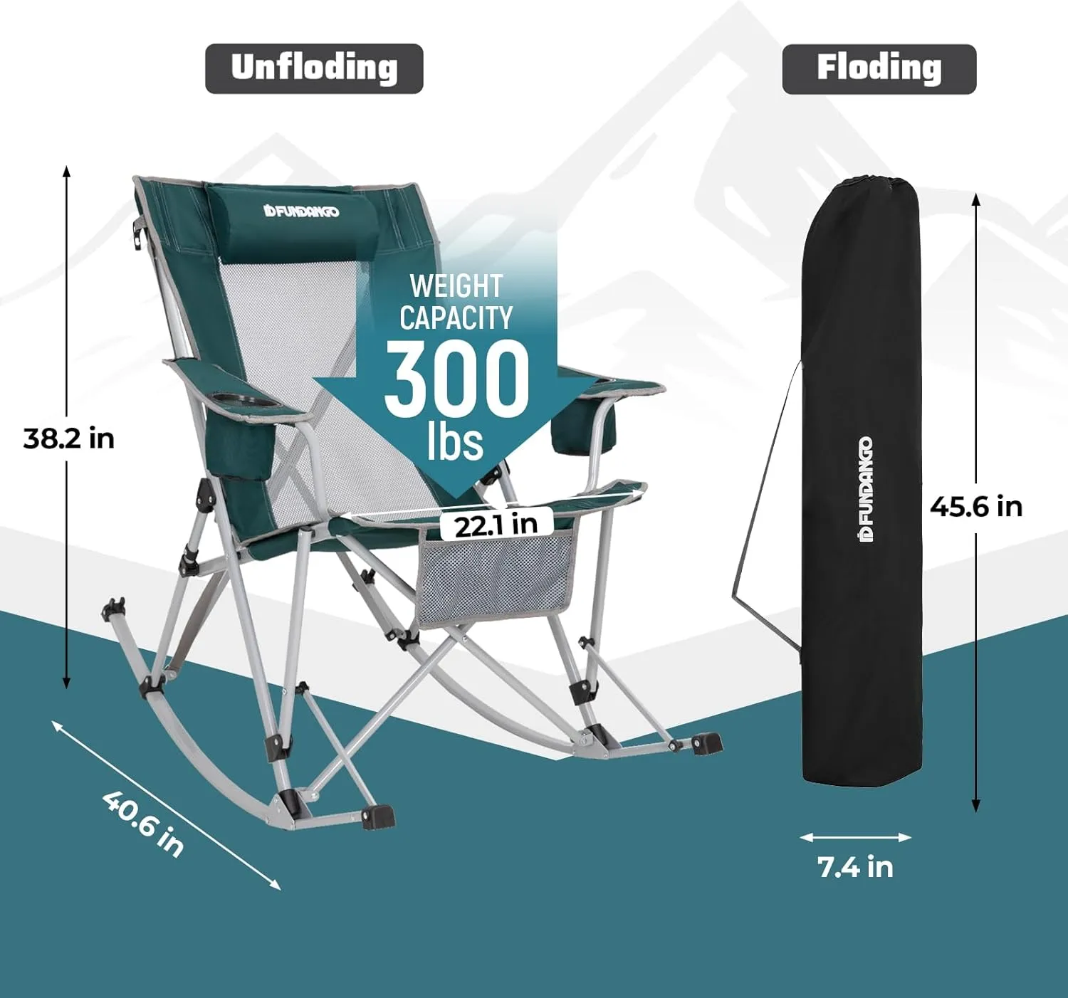 FUNDANGO Rocking Camping Chair, 2 Pack High Mesh Back Portable Folding Camp Chairs with Pillows, Cup Holder and Carry Bag for Lawn Patio Garden Outdoor Supports 300 Lbs (Green/Grey)