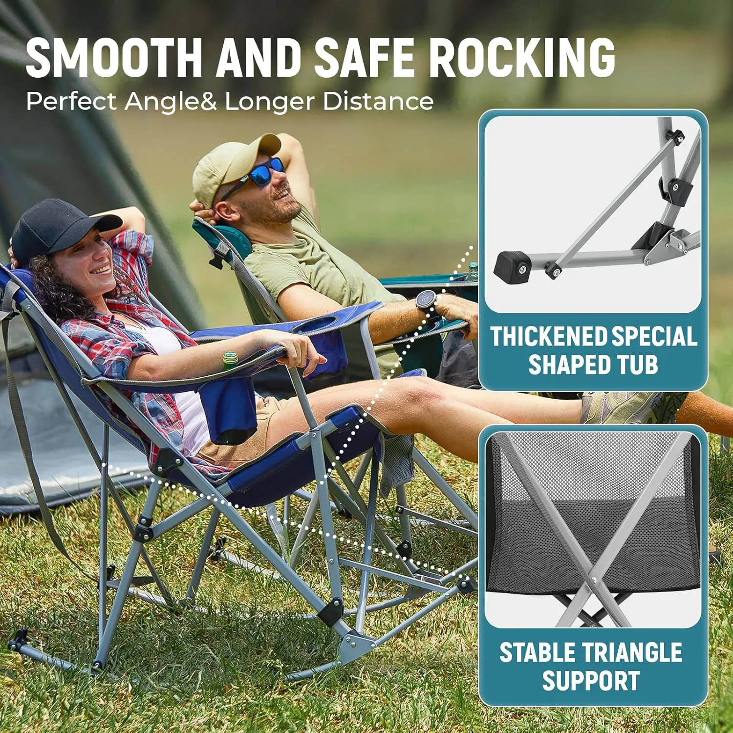 FUNDANGO Rocking Camping Chair, 2 Pack High Mesh Back Portable Folding Camp Chairs with Pillows, Cup Holder and Carry Bag for Lawn Patio Garden Outdoor Supports 300 Lbs (Green/Grey)