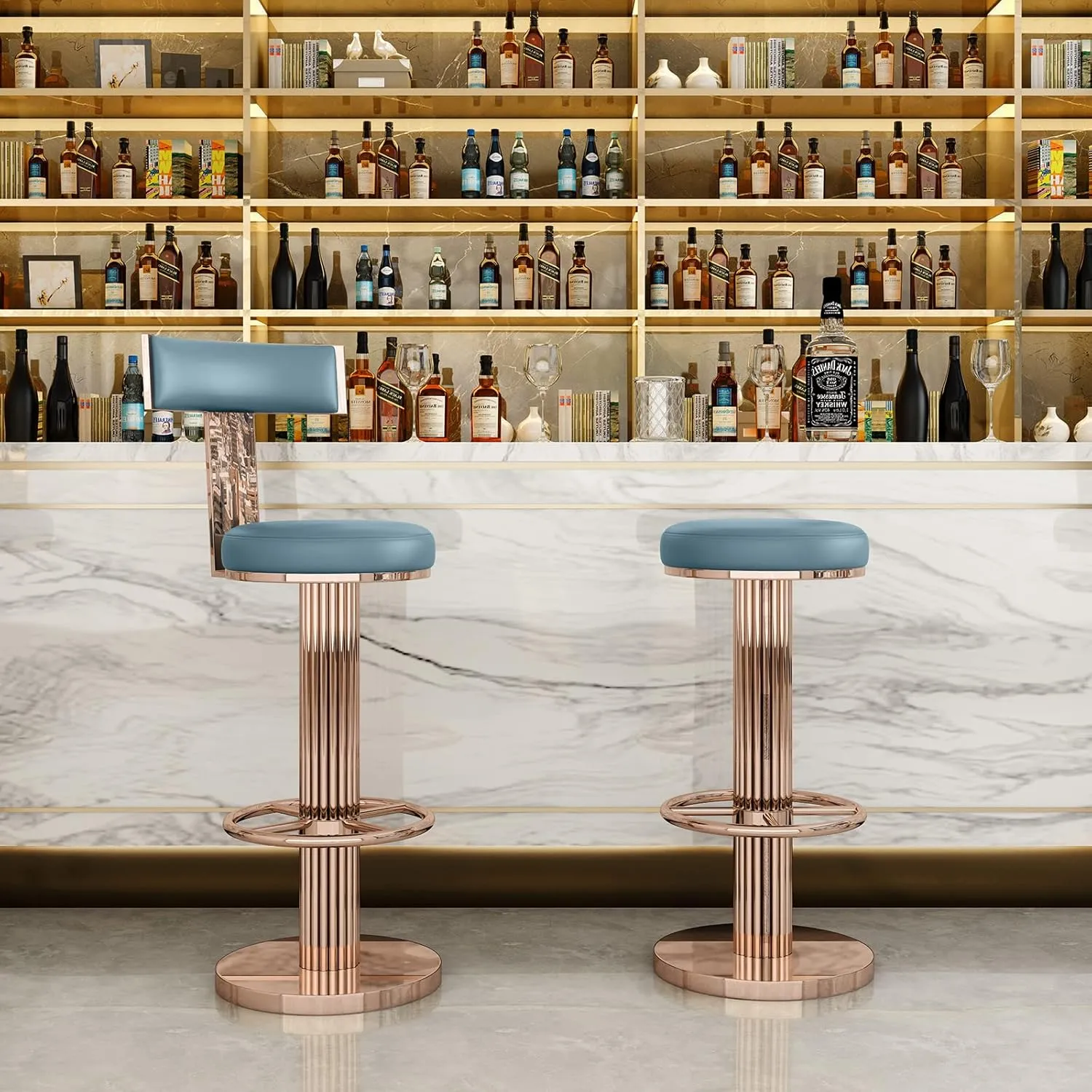 FUNROLUX Swivel Bar Stools with Backrest, Modern Adjustable Height Counter Stool with Stainless Steel Legs and Comfortable Cushion, Rose Bar Chairs for Kitchen Island Counter (Blue)