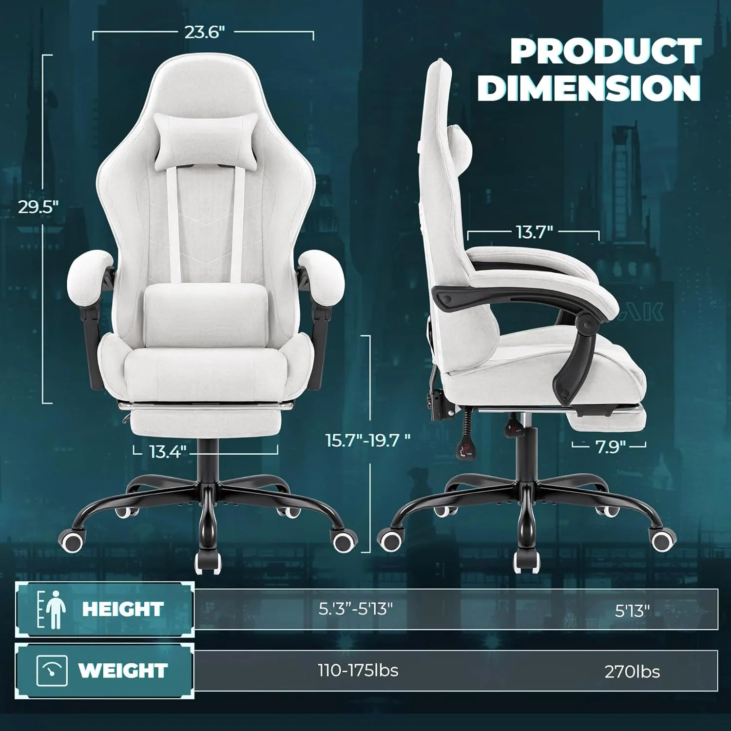 Furmax Fabric Gaming Chair with Footrest, Video Game Chair with Massage Lumbar Support and Adjustable Headrest, Ergonomic Racing Style Computer Chair (Ash Grey)