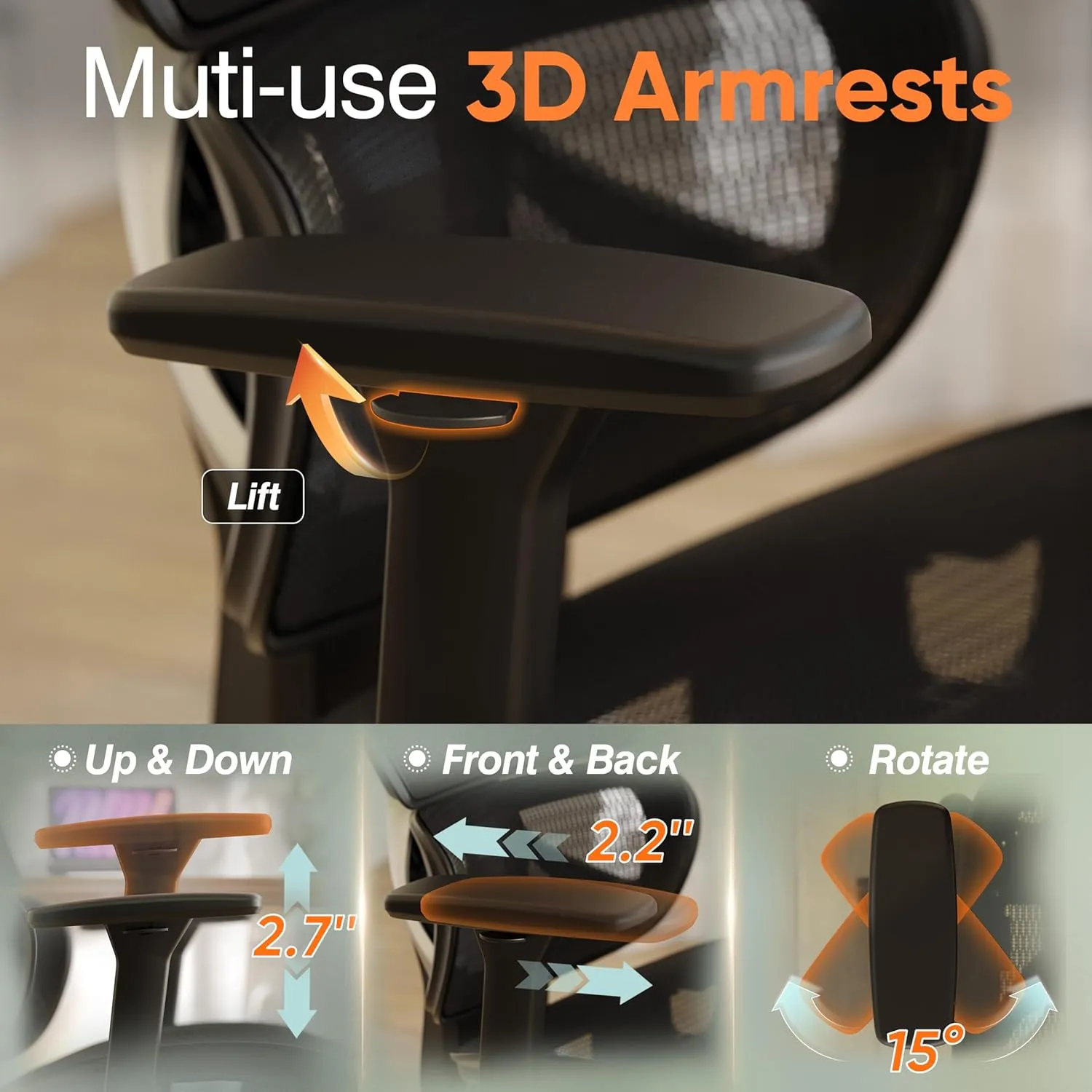 GABRYLLY Ergonomic Office Chair with Lumbar Support, Big and Tall Mesh Chairs with Adjustable 3D Arms, Headrest & Soft Seat, Large Desk Chair for Home Gaming,Black