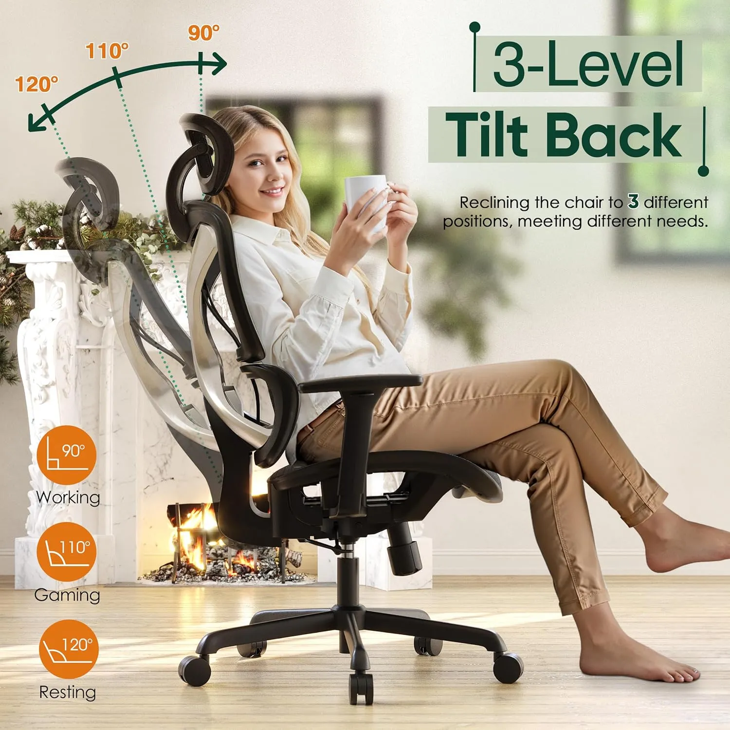 GABRYLLY Ergonomic Office Chair with Lumbar Support, Big and Tall Mesh Chairs with Adjustable 3D Arms, Headrest & Soft Seat, Large Desk Chair for Home Gaming,Black