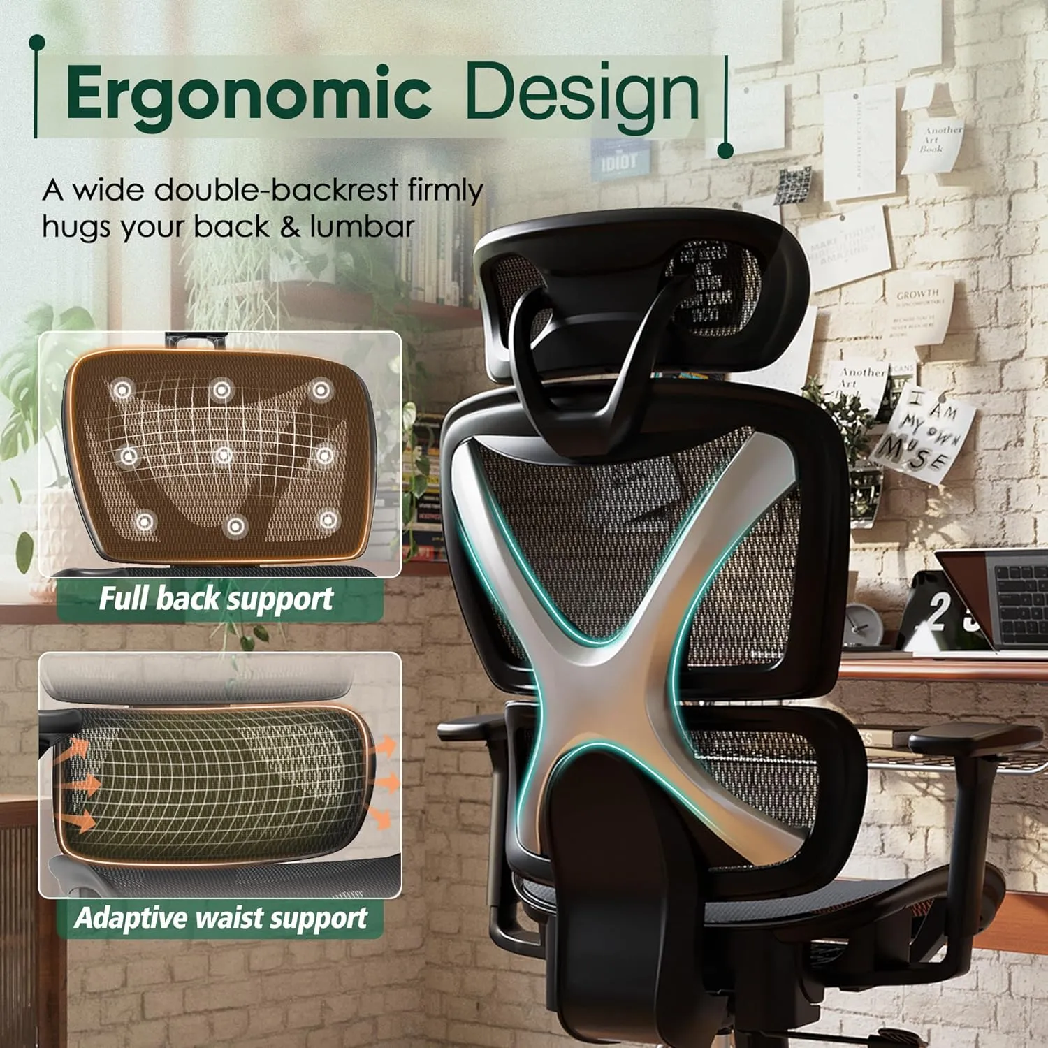 GABRYLLY Ergonomic Office Chair with Lumbar Support, Big and Tall Mesh Chairs with Adjustable 3D Arms, Headrest & Soft Seat, Large Desk Chair for Home Gaming,Black