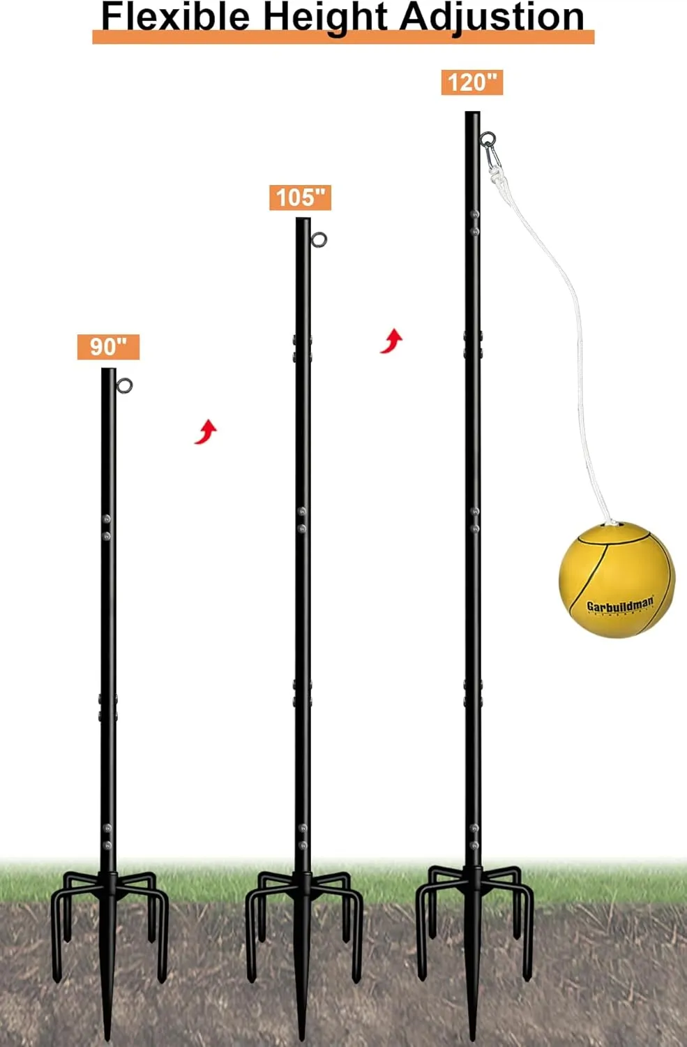 Garbuildman Tetherball Set with Ball & Rope for Outdoor Backyard, Adjustable Tether Ball Pole with Screw Reinforcement 5-Prong Base for Playground, Outside Ball Games Sports for Kids & Adults