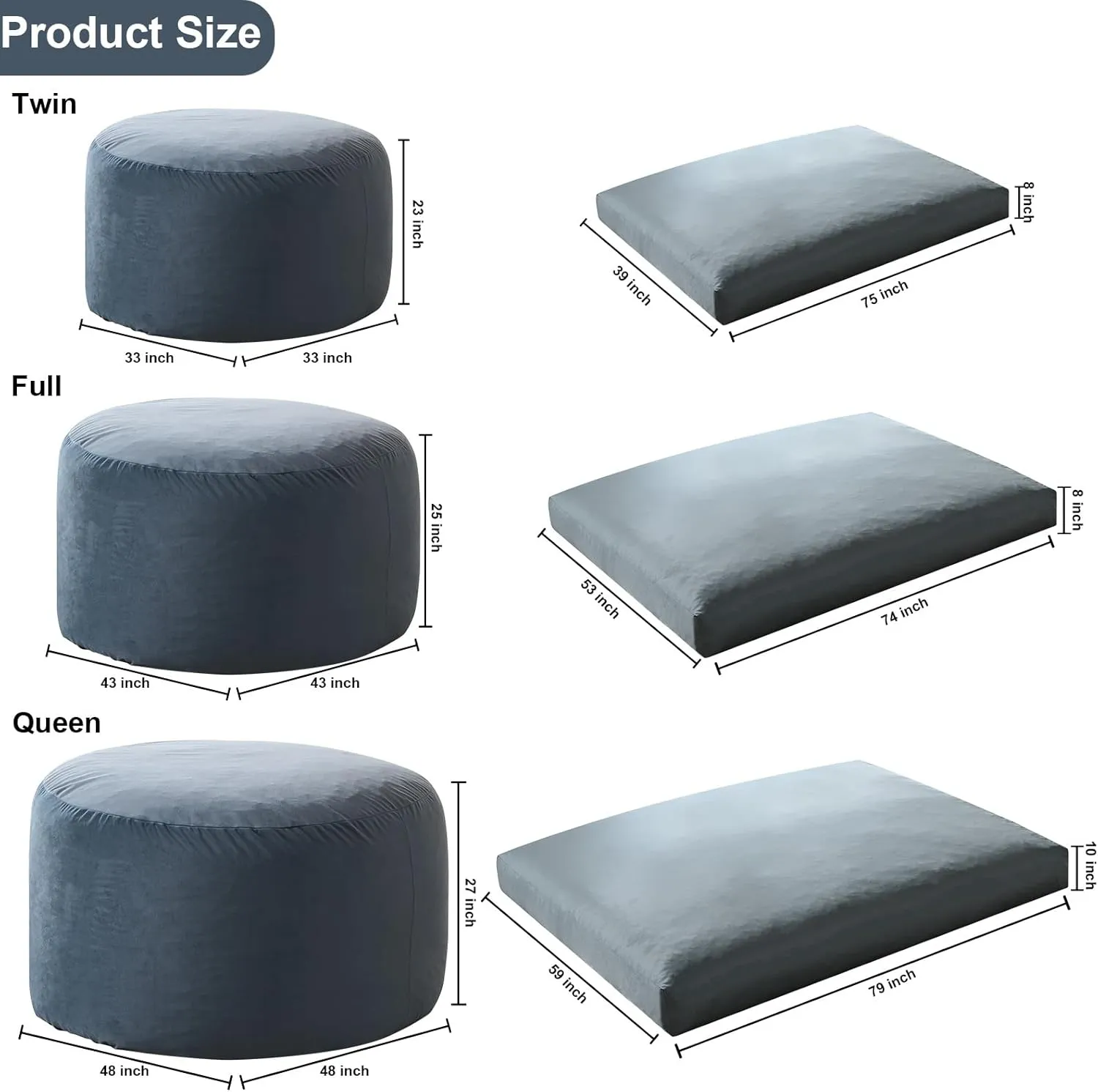 Giant Bean Bag Chair Bed for Adults with Memory Foam Filling, Convertible Beanbag Folds from Lazy Chair to Floor Bean Bag Bed, Large Floor Sofa Couch for Whole Family, Machine Washable，Queen