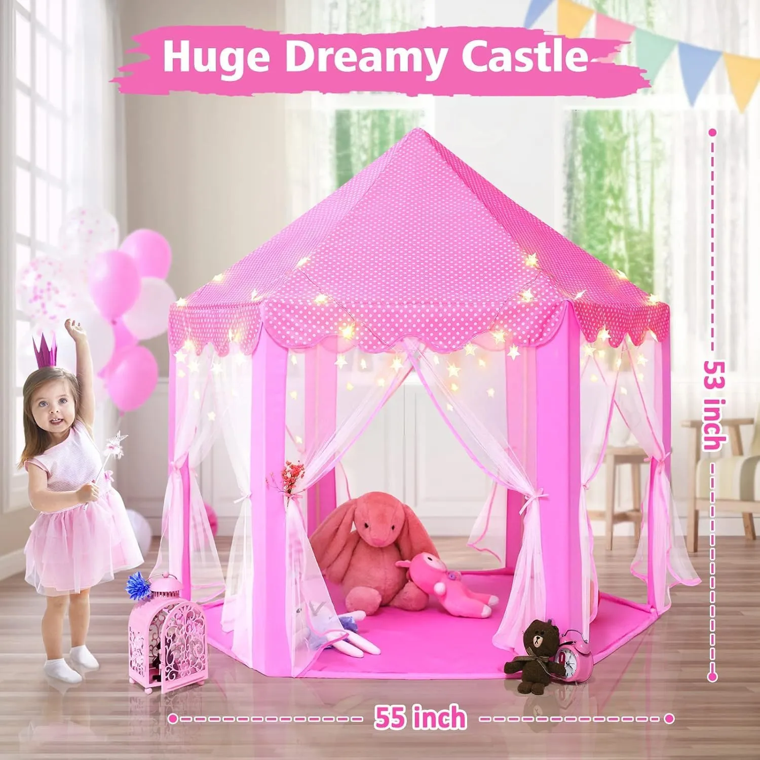 Girls Large Playhouse Kids Castle Play Tent with Star Lights Toy for Children Indoor and Outdoor Games, 55'' x 53'' (DxH) (Pink Tent with Star Lights)