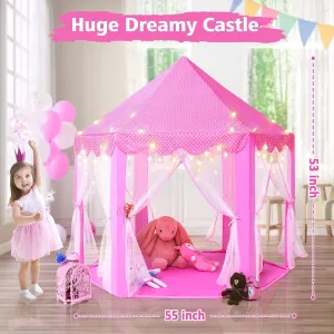 Girls Large Playhouse Kids Castle Play Tent with Star Lights Toy for Children Indoor and Outdoor Games, 55'' x 53'' (DxH) (Pink Tent with Star Lights)