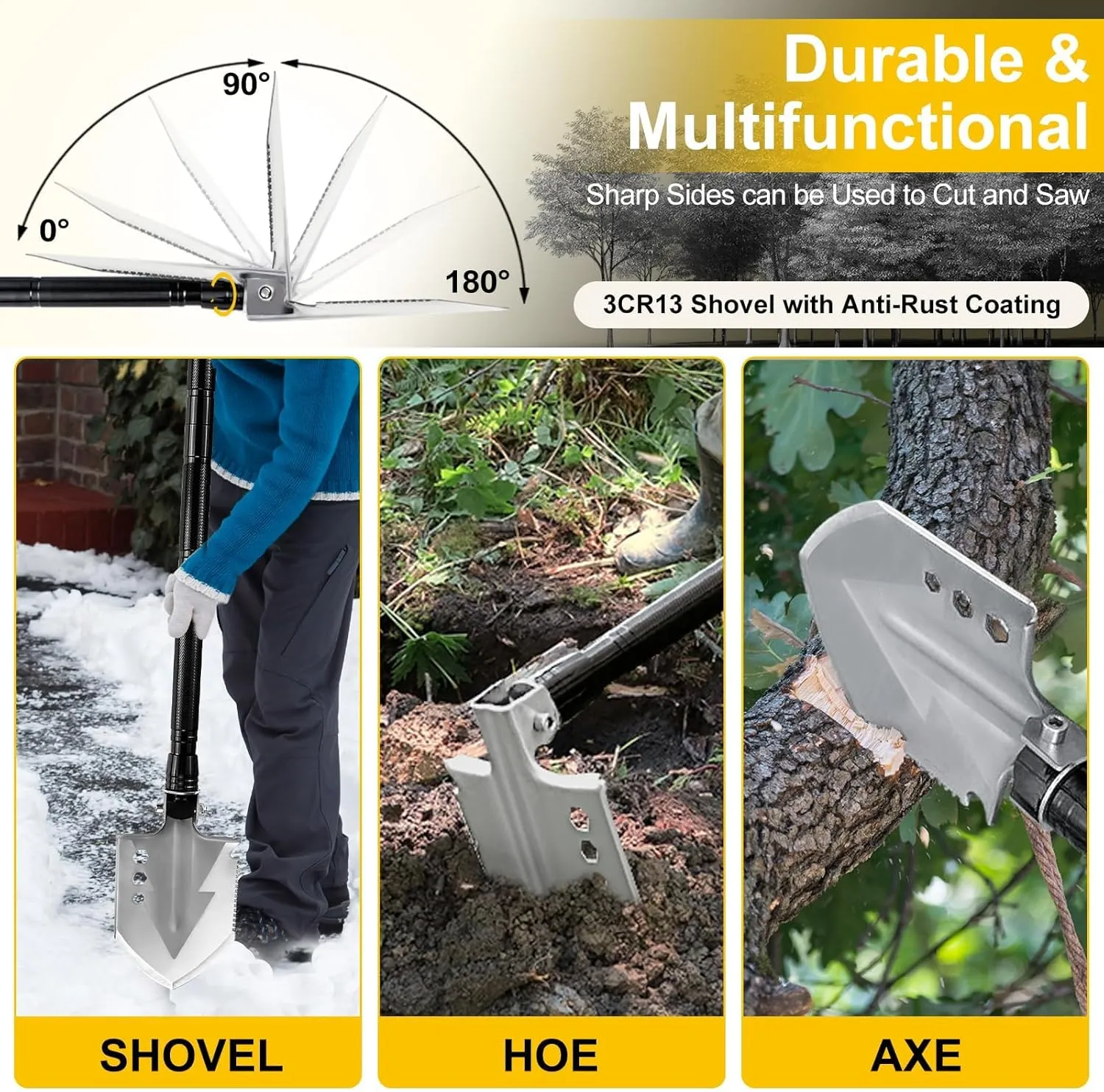 GOJAWAY 20 in 1 Multitool Survival kit, Camping Shovel Military Axe, 55" Trekking Pole Foldable Spade with Portable Bag and Hatchet, for Car Emergency Offroad Entrenching Tool