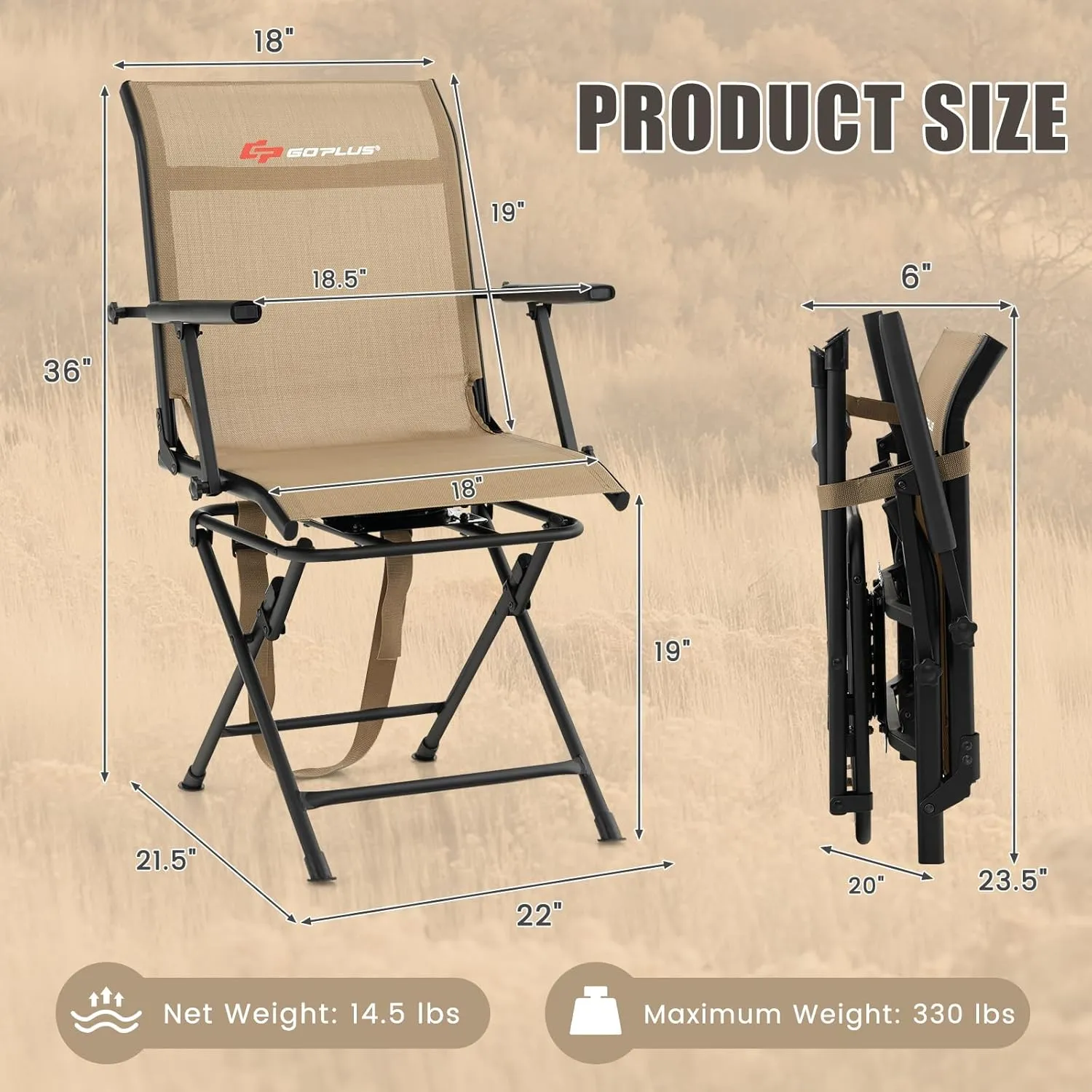 Goplus Hunting Chair, 360°Swivel Hunting Blind Chair with Carrying Strap,330LBS Capacity, Folding Silent Deer Hunting Chair, Portable Ground Blind Chair for Fishing Camping, Brown