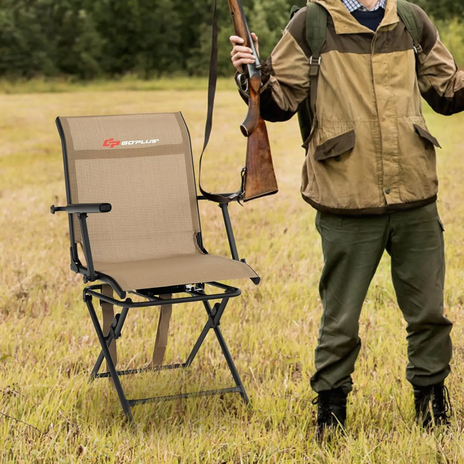 Goplus Hunting Chair, 360°Swivel Hunting Blind Chair with Carrying Strap,330LBS Capacity, Folding Silent Deer Hunting Chair, Portable Ground Blind Chair for Fishing Camping, Brown