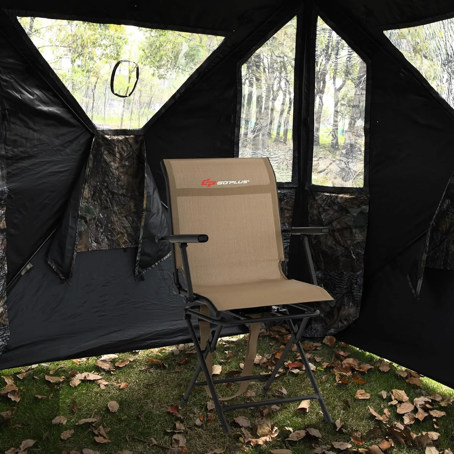 Goplus Hunting Chair, 360°Swivel Hunting Blind Chair with Carrying Strap,330LBS Capacity, Folding Silent Deer Hunting Chair, Portable Ground Blind Chair for Fishing Camping, Brown