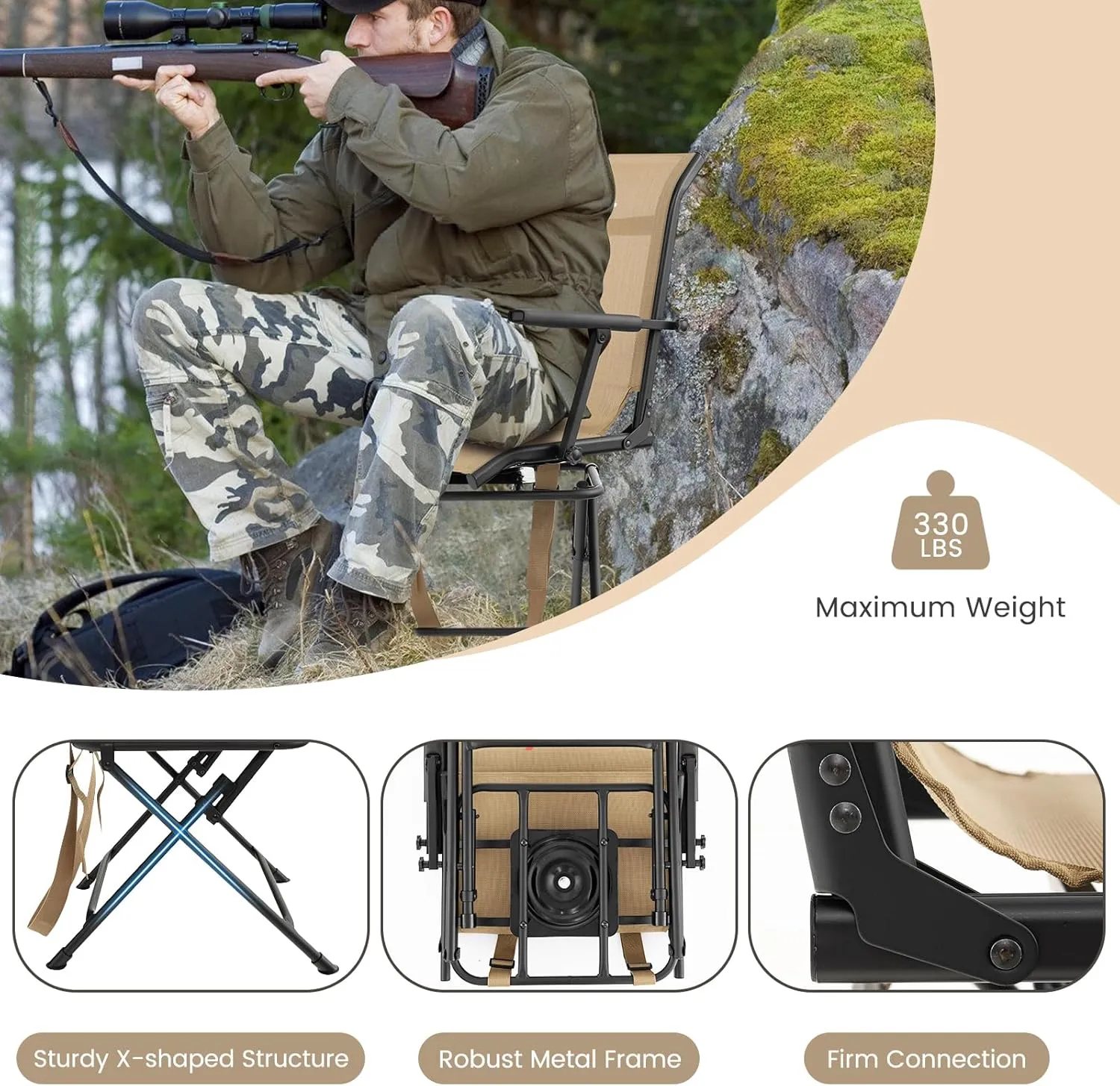 Goplus Hunting Chair, 360°Swivel Hunting Blind Chair with Carrying Strap,330LBS Capacity, Folding Silent Deer Hunting Chair, Portable Ground Blind Chair for Fishing Camping, Brown