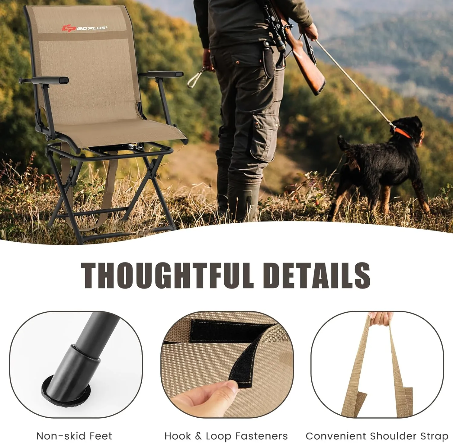 Goplus Hunting Chair, 360°Swivel Hunting Blind Chair with Carrying Strap,330LBS Capacity, Folding Silent Deer Hunting Chair, Portable Ground Blind Chair for Fishing Camping, Brown