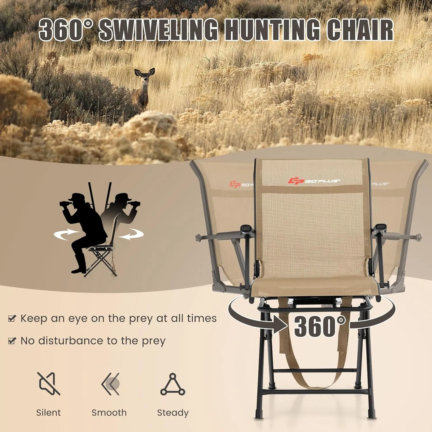 Goplus Hunting Chair, 360°Swivel Hunting Blind Chair with Carrying Strap,330LBS Capacity, Folding Silent Deer Hunting Chair, Portable Ground Blind Chair for Fishing Camping, Brown
