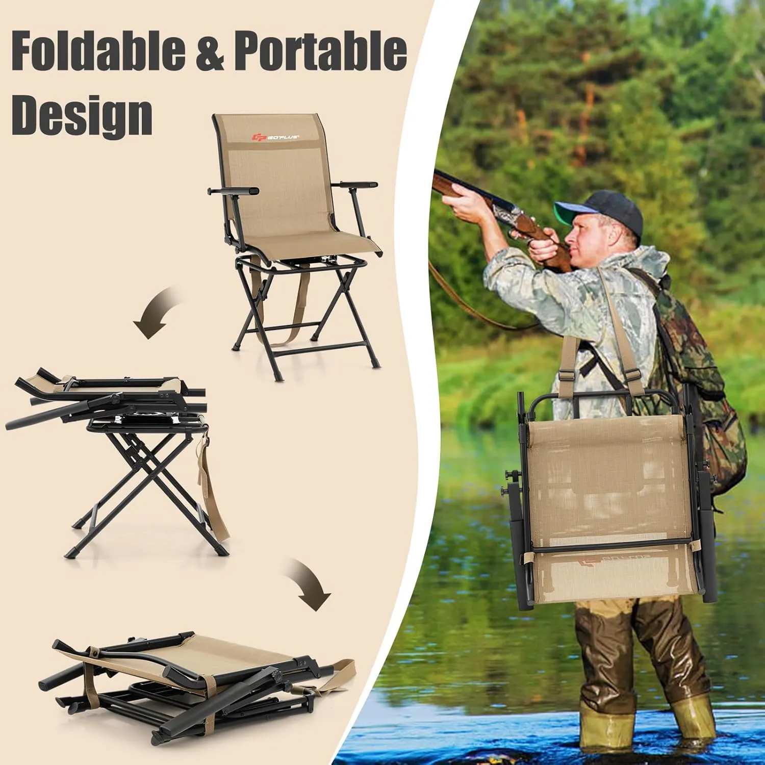 Goplus Hunting Chair, 360°Swivel Hunting Blind Chair with Carrying Strap,330LBS Capacity, Folding Silent Deer Hunting Chair, Portable Ground Blind Chair for Fishing Camping, Brown