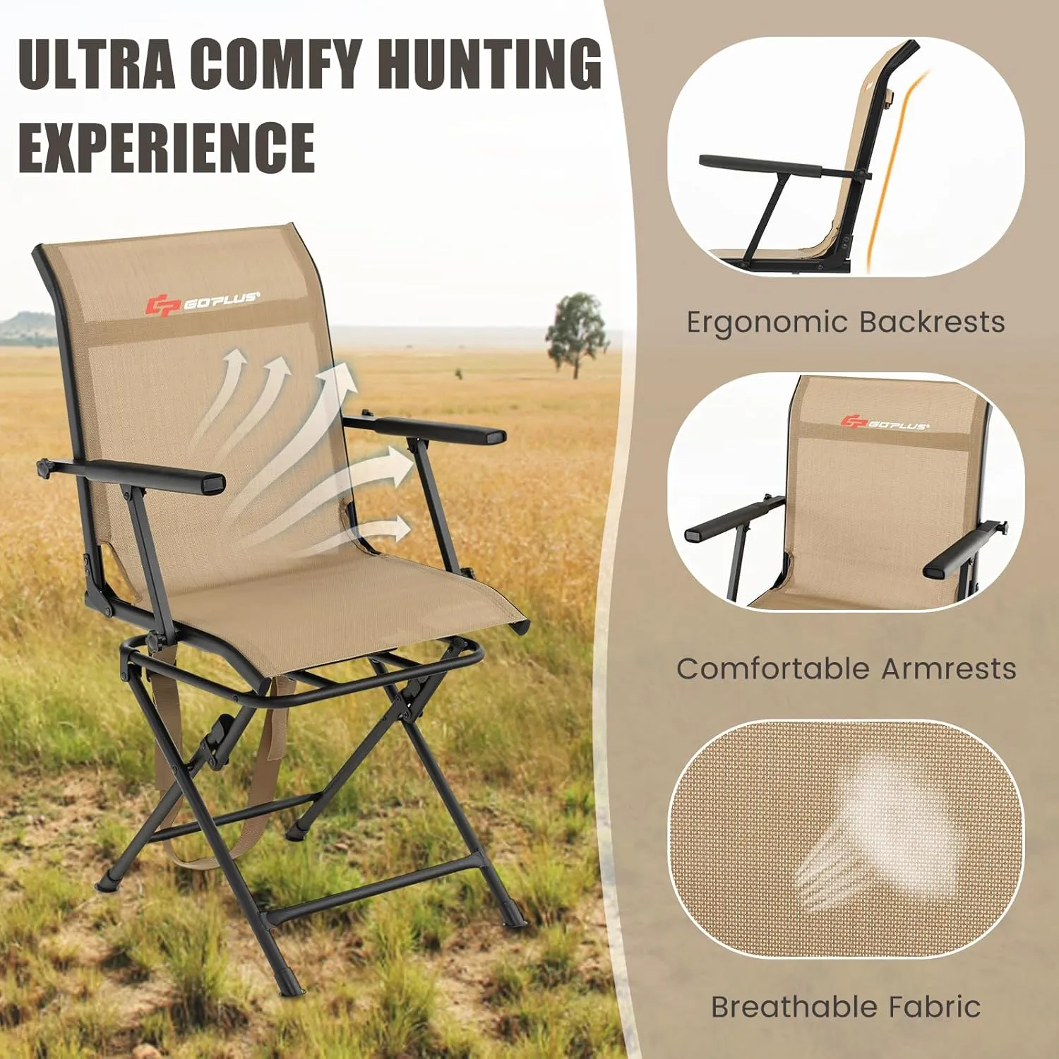 Goplus Hunting Chair, 360°Swivel Hunting Blind Chair with Carrying Strap,330LBS Capacity, Folding Silent Deer Hunting Chair, Portable Ground Blind Chair for Fishing Camping, Brown