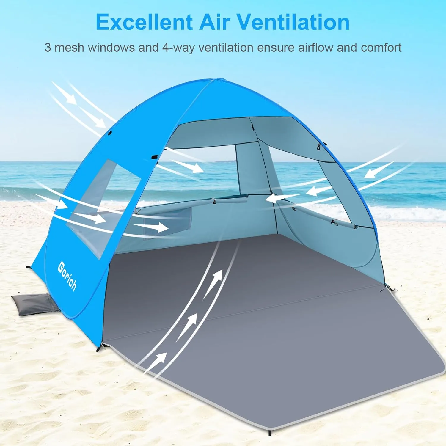 Gorich Easy Pop Up Beach Tent for 3-4 Person, UPF 50  UV Protection Beach Umbrella Sun Shelter, Portable Lightweight Cool Cabana Shade with Easy Foldable & Instant Setup