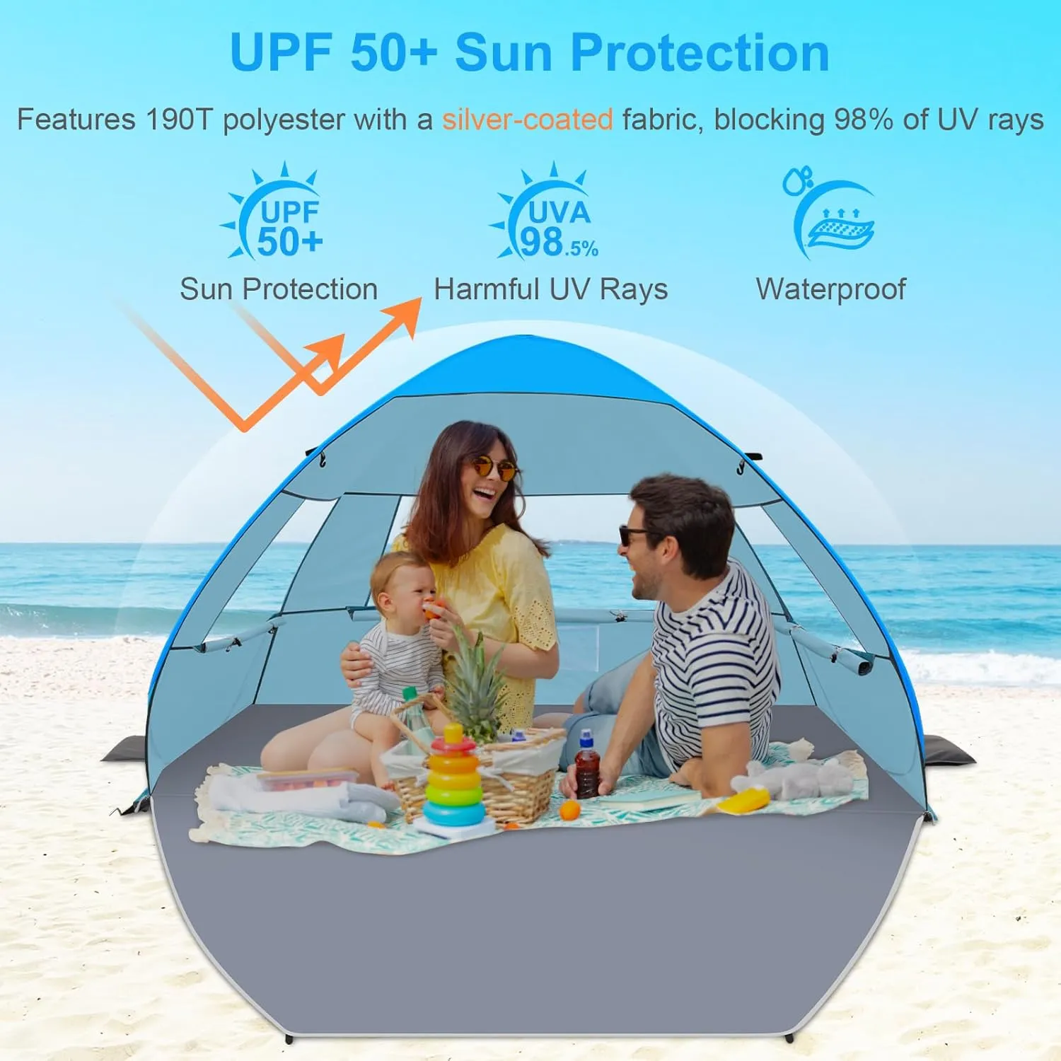 Gorich Easy Pop Up Beach Tent for 3-4 Person, UPF 50  UV Protection Beach Umbrella Sun Shelter, Portable Lightweight Cool Cabana Shade with Easy Foldable & Instant Setup