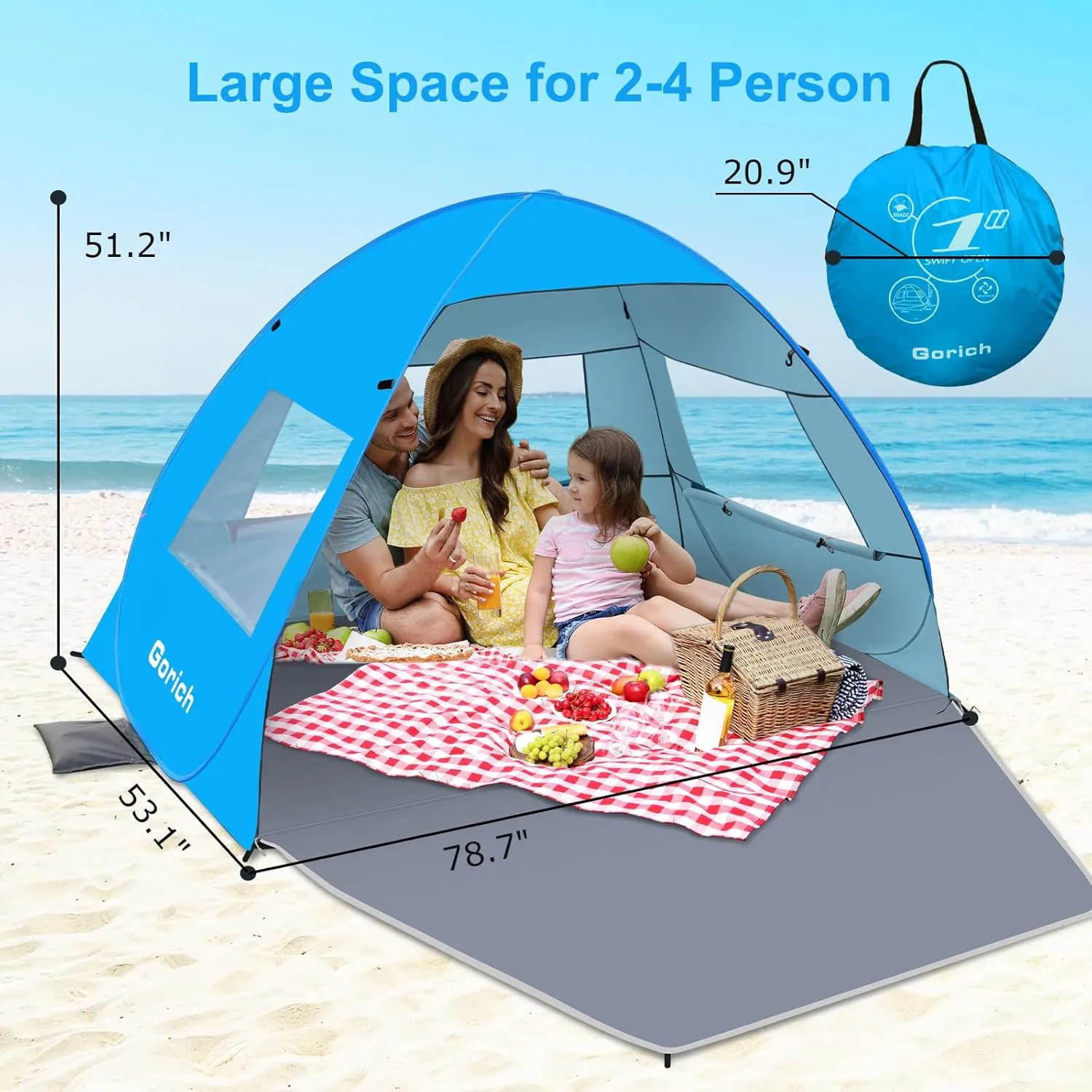 Gorich Easy Pop Up Beach Tent for 3-4 Person, UPF 50  UV Protection Beach Umbrella Sun Shelter, Portable Lightweight Cool Cabana Shade with Easy Foldable & Instant Setup