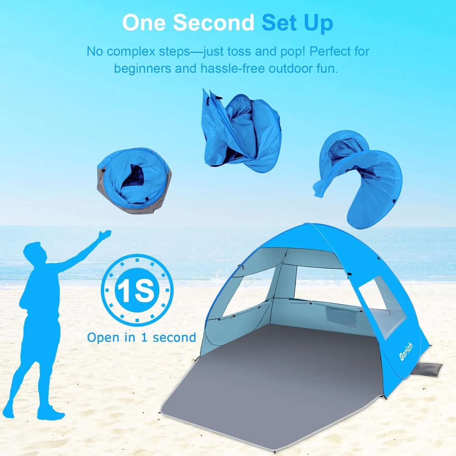 Gorich Easy Pop Up Beach Tent for 3-4 Person, UPF 50  UV Protection Beach Umbrella Sun Shelter, Portable Lightweight Cool Cabana Shade with Easy Foldable & Instant Setup