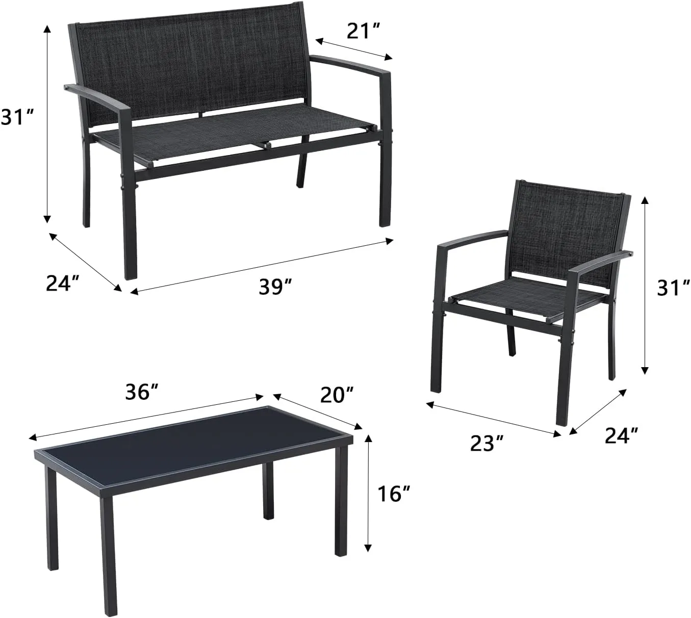 Greesum 4 Pieces Patio Furniture Set Outdoor Conversation Textilene Fabric Chairs for Lawn, Garden, Balcony, Poolside with A Glass Coffee Table, Black