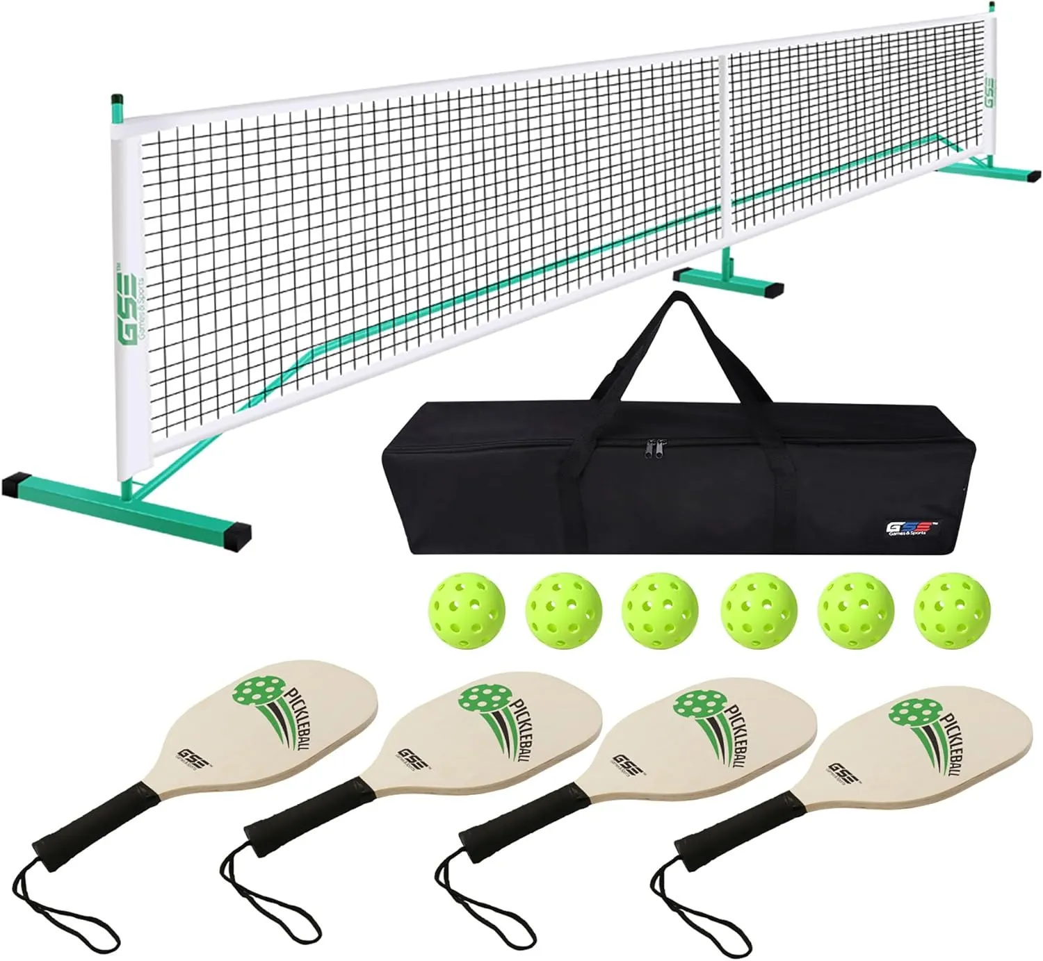 GSE Games & Sports Expert Portable Pickleball Net Set with Regulation Size Pickleball Net, 4 Pickleball Paddles, 6 Pickleballs, Carrying Bag, Weather Resistant Metal Frame for Outdoor