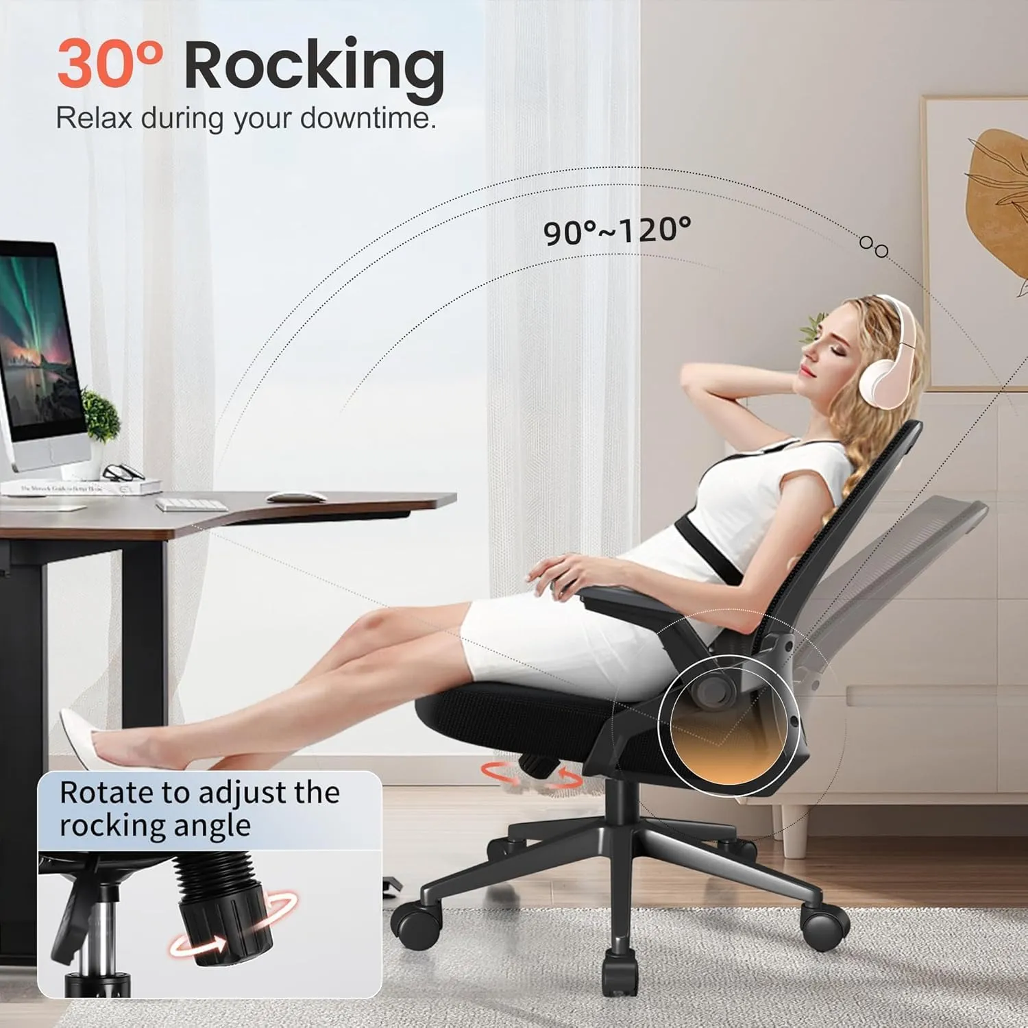 GTRACING Ergonomic Office Chair with Flip-up Armrests Executive Computer Chair for Home Office, Breathable Mesh & Adaptive Lumbar Support, Black