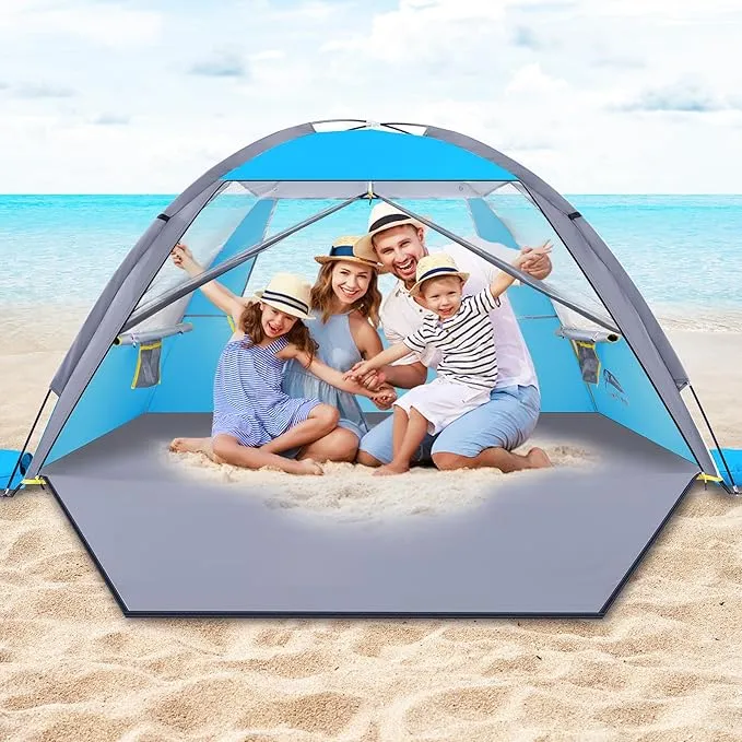 Happy Travel Beach Tent, UPF 50  UV Protection Sun Shade Shelter for 3/4/5/6/7/8 Person, Portable Beach Canopy for Family & Baby, Lightweight & Easy Setup Beach Cabana with 3 Ventilation Mesh Windows
