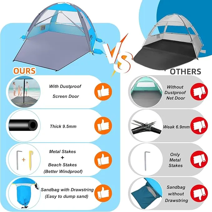 Happy Travel Beach Tent, UPF 50  UV Protection Sun Shade Shelter for 3/4/5/6/7/8 Person, Portable Beach Canopy for Family & Baby, Lightweight & Easy Setup Beach Cabana with 3 Ventilation Mesh Windows