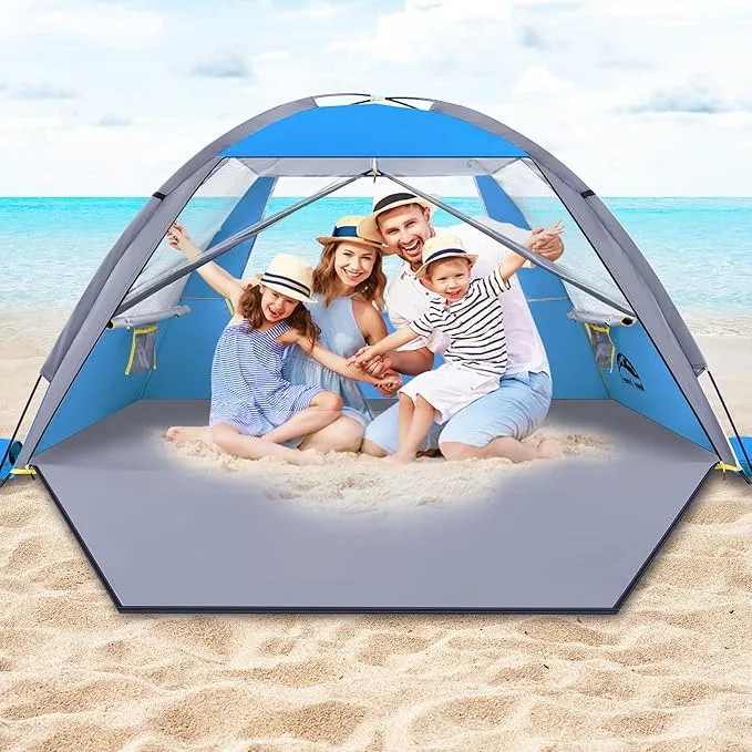 Happy Travel Beach Tent, UPF 50  UV Protection Sun Shade Shelter for 3/4/5/6/7/8 Person, Portable Beach Canopy for Family & Baby, Lightweight & Easy Setup Beach Cabana with 3 Ventilation Mesh Windows